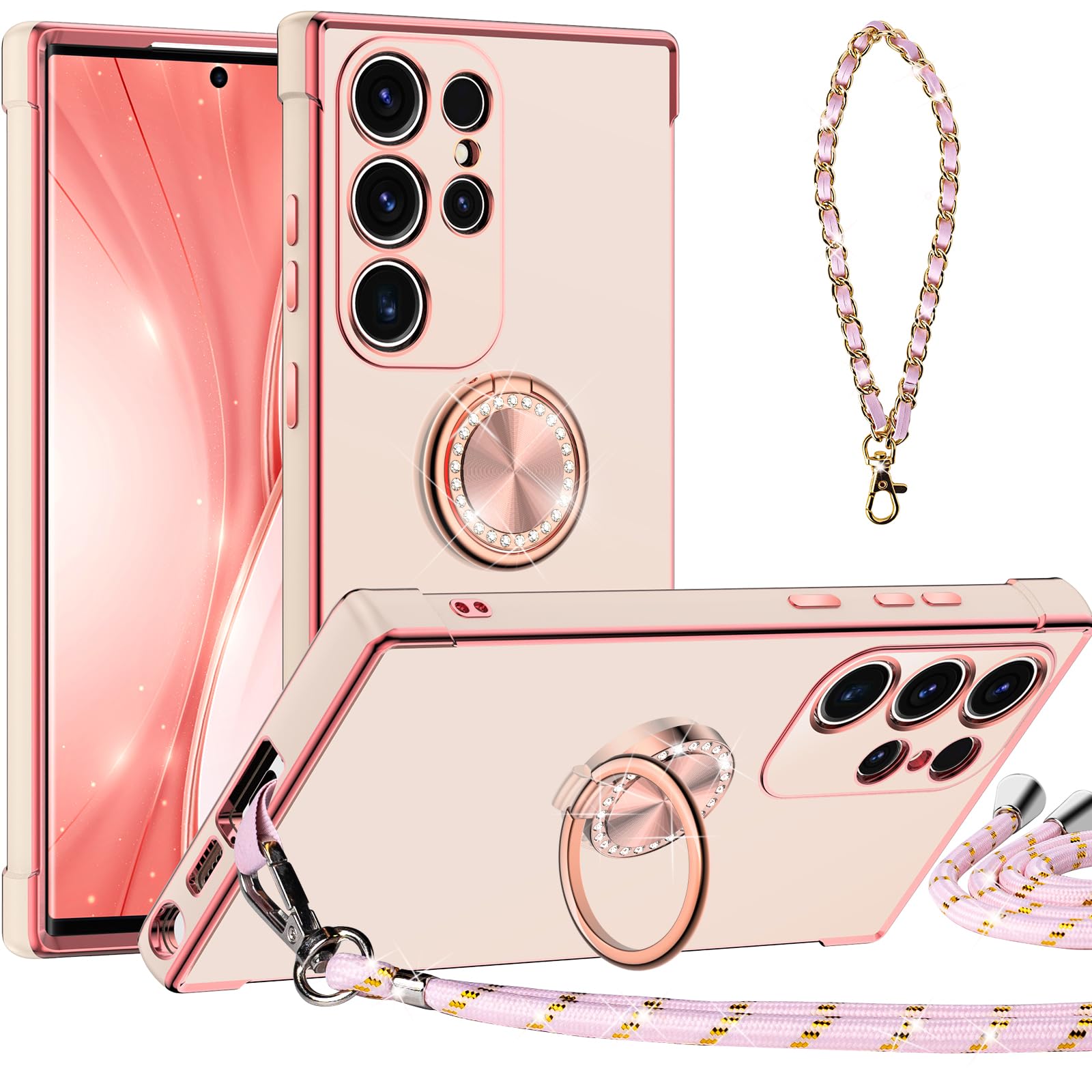Miss Arts for Samsung Galaxy S22 Ultra Case with Phone Wrist Lanyard, Ring Holder Kickstand, Cute Soft TPU Cover Luxury Bling Electroplated Samsung S22 Ultra Case for Women Girls, Pink