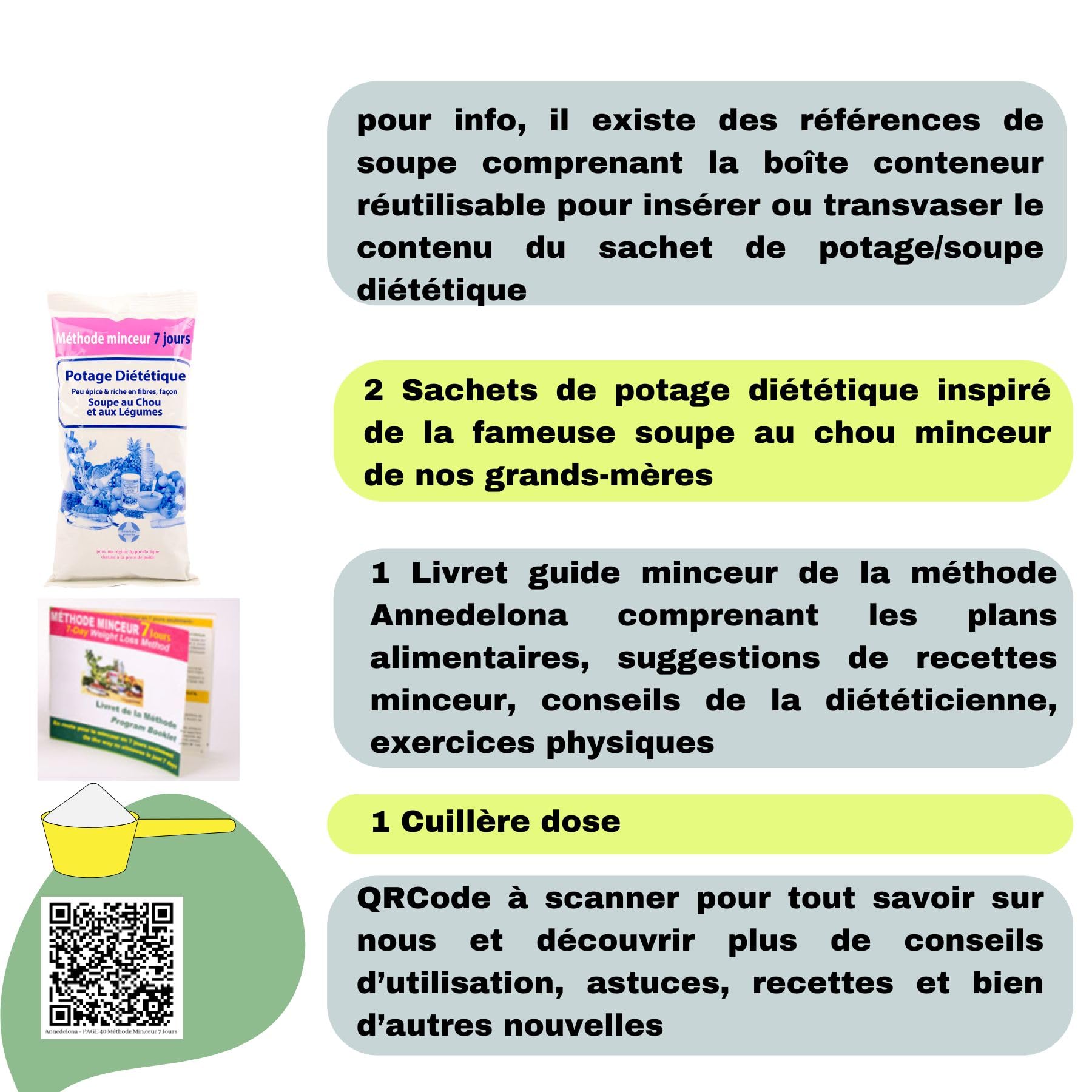 Recharge 56 Soupes au Chou et Maté Vert. Perte de Poids. Affiner la Silhouette, Éliminer les Toxines. Riche en Protéine, Fibres, Sans Graisse. Réduit l’Appétit, Digestion, Énergie. Annedelona