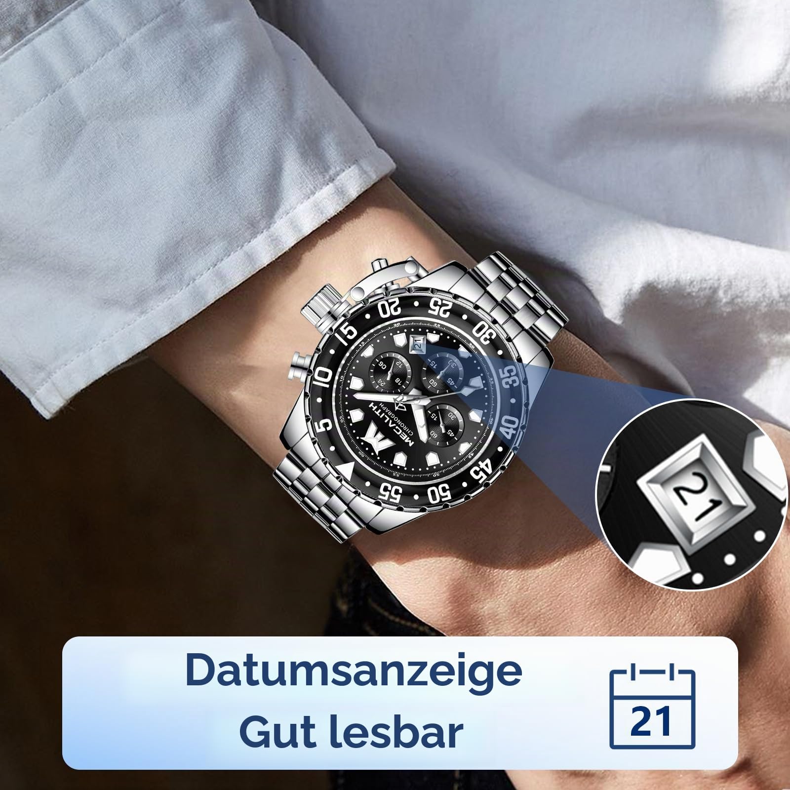 MEGALITH Herren Uhren Edelstahl Armbanduhr: Chronograph Wasserdicht Analog Quarz Herrenuhren mit Leuchtend Datum - Stilvoll Geschenke für Business Männer Jubiläum Geburtstag