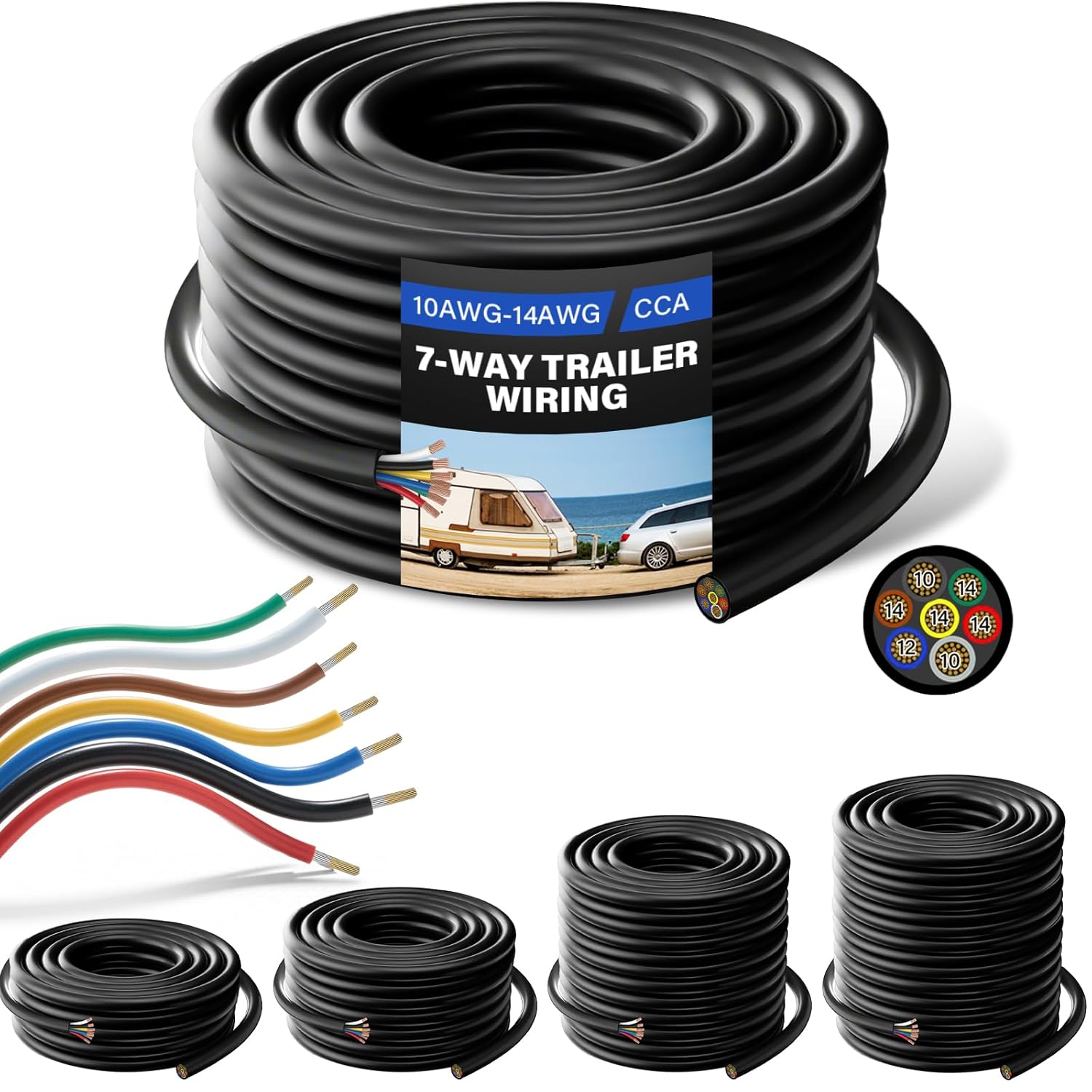 30 FT 10-14 AWG 7 Way Trailer Wiring Harness Heavy Duty 7 Wire Trailer Cable CCA 10-14 Gauge 7 Blade Round Conductor Cable Insulated Stranded Copper Clad Aluminum for RV Hitch Campers Trucks