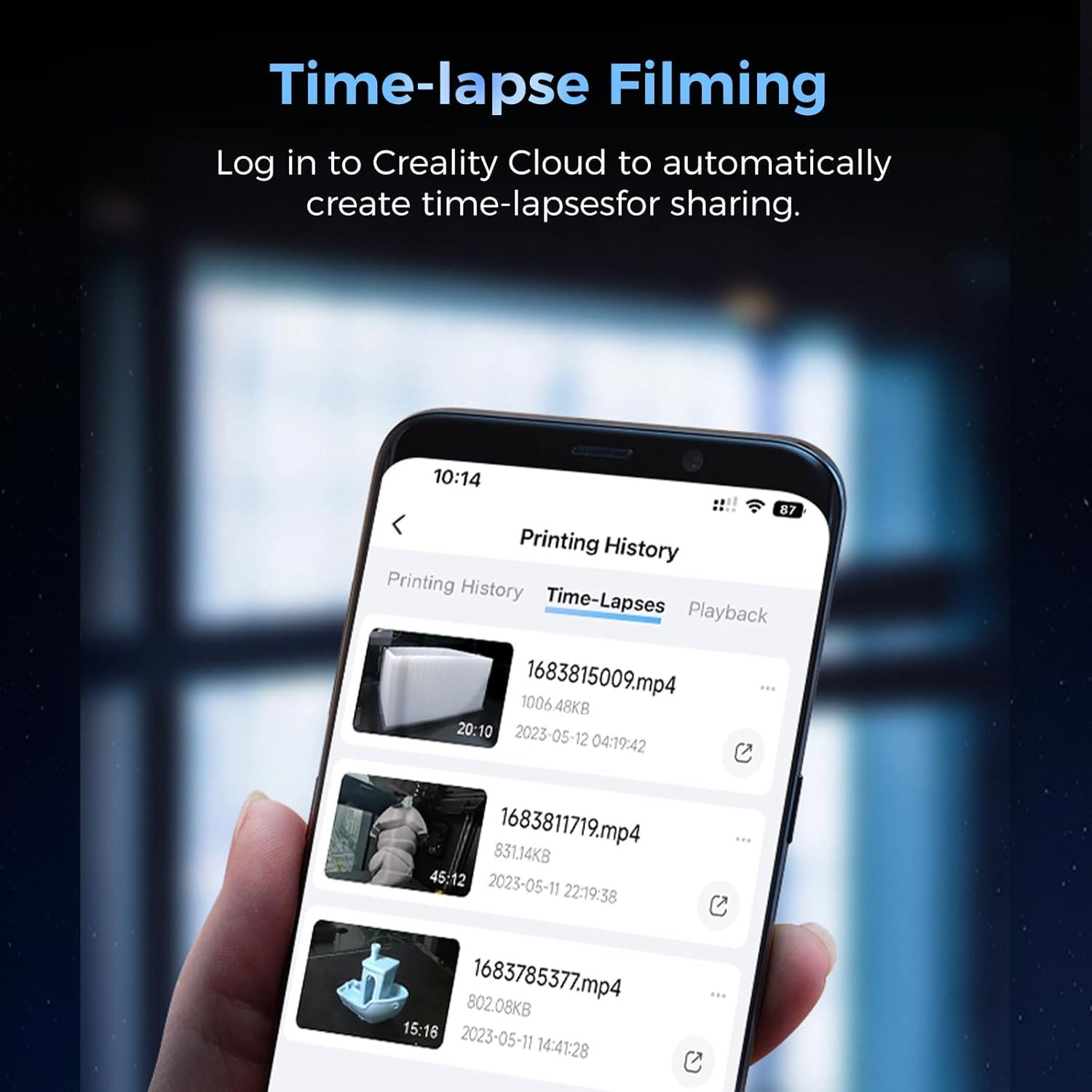 A smartphone screen displaying a 'Printing History' interface with a 'Time-Lapses' tab selected, showing a list of generated time-lapse videos.