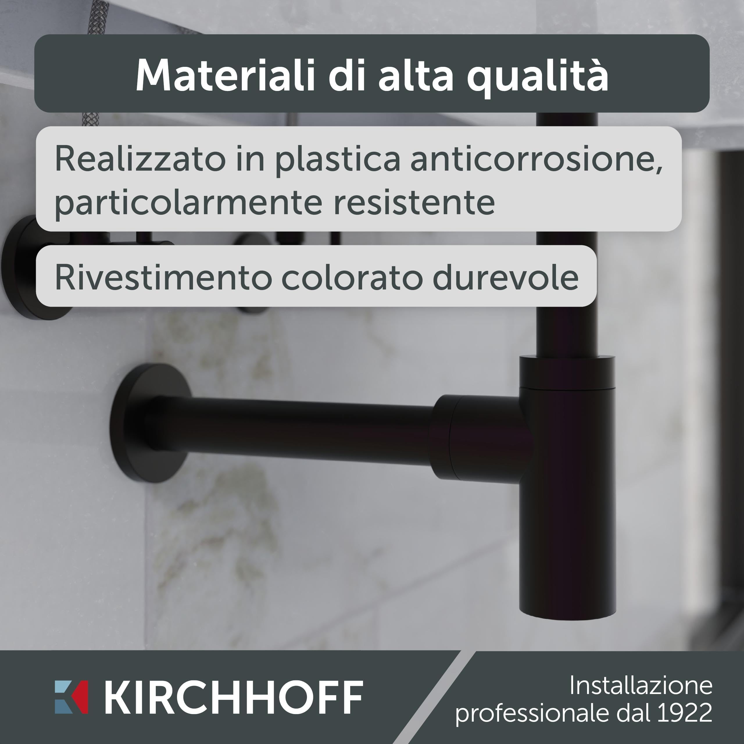 Kirchhoff Sifone di design, sifone per lavabo, in plastica anticorrosione, sifone per lavabo e lavandino, sifone con apertura di pulizia, 98803828, nero