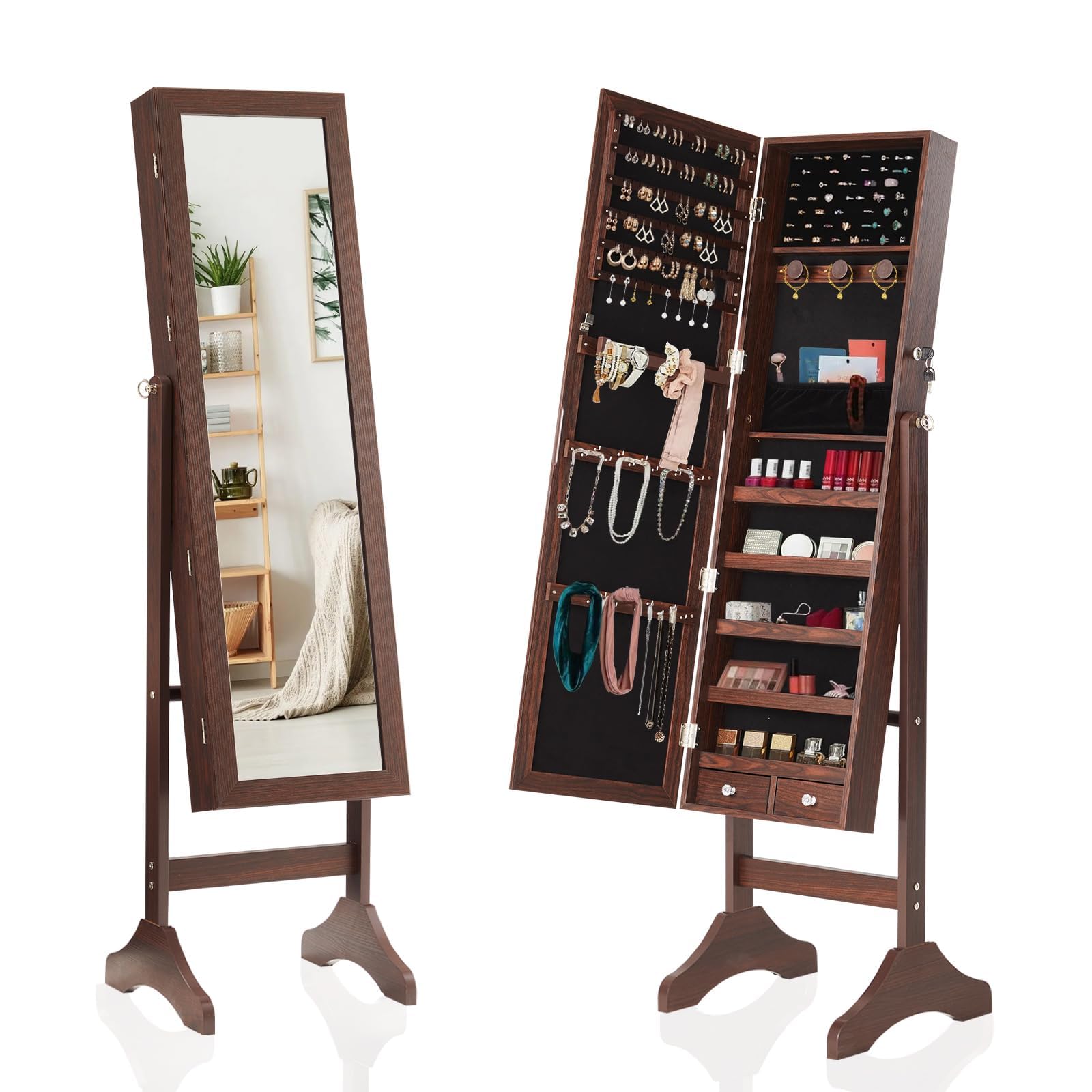 FansaFurn Brown 47.3-Inch Freestanding Jewelry Armoire: Full Length Mirror, Lockable Large-Capacity Storage with Velvet Lining, 3 Angles, 2 Locks, 5
