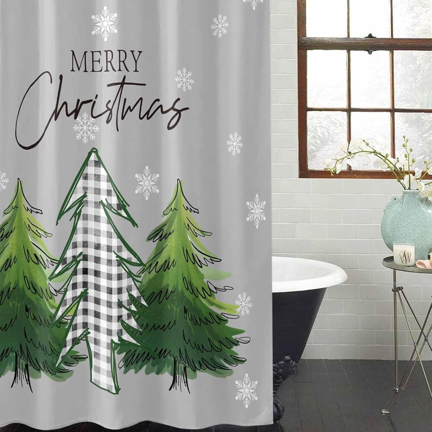 Merry Christmas Tree Fabric Shower Curtain for Bathroom,Watercolor Buffalo Plaid Green Custom Shower Curtain Set with Hooks,Luxury Bathroom Curtains,Waterproof Polyester Bathroom Accessories,72x96inch