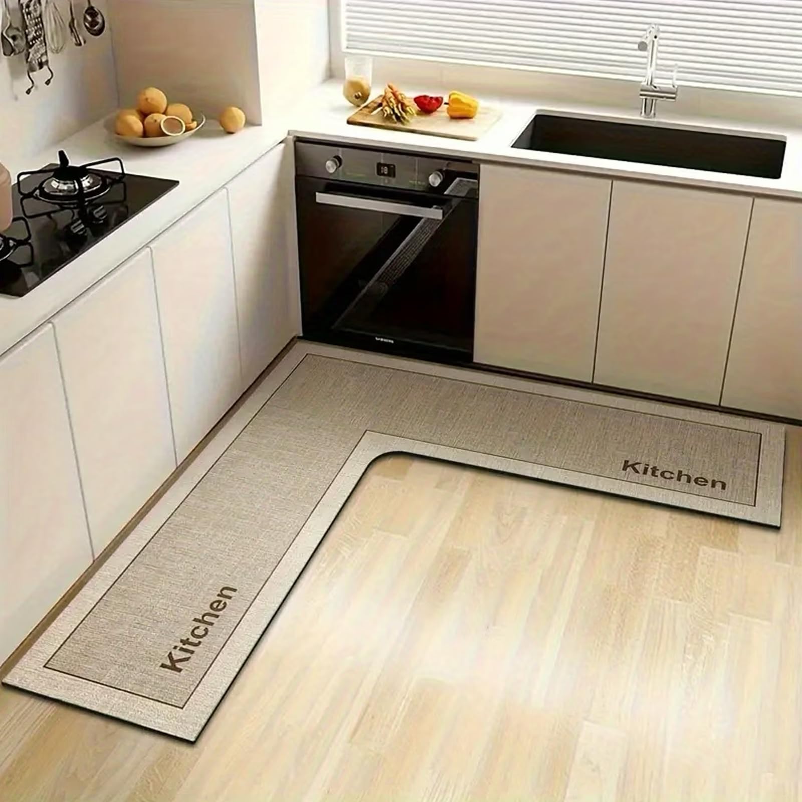 Wlian L-Shaped Kitchen Rug Mat – Non Slip Diatomite Absorbent & Quick Dry Floor Rug, Corner Runner for Sink Area, Bathroom, Laundry & Hallway, Washable Long Carpet, Khaki, 100x100x45cm