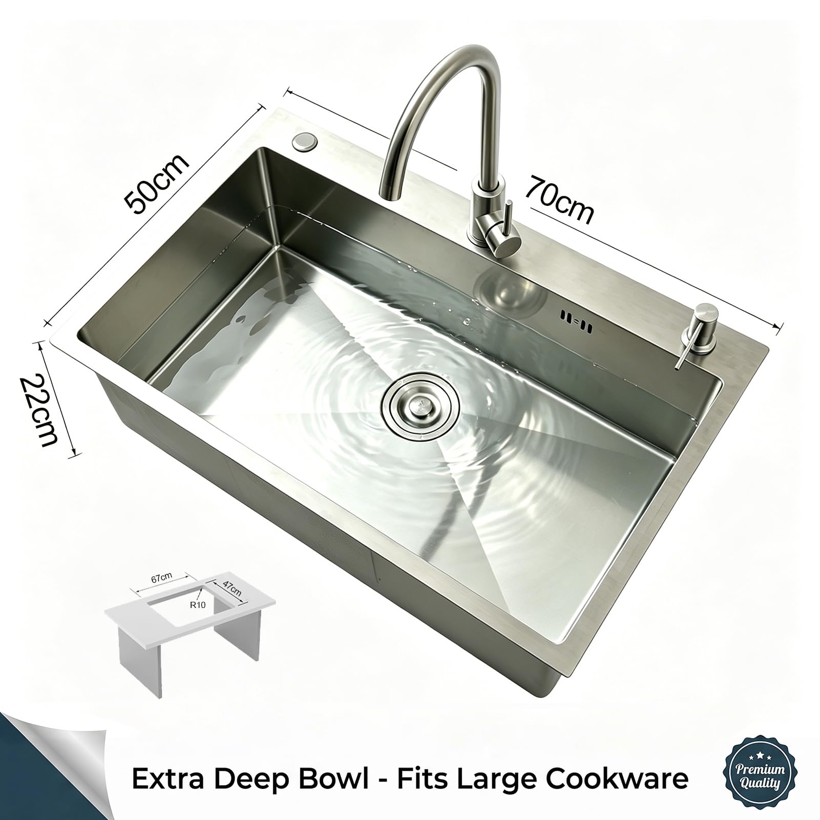 Fregadero Cocina 70x50cm, Fregadero Grande Cocina 1 Seno, Fregadero Cocina en Acero Inoxidable 304, Con Grifo de Cocina, Filtro de Drenaje, Ifón, Rebosadero y Residuos, Kitchen Sink