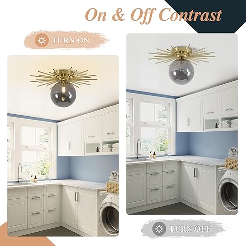 Miniatura 4 de BOKT Moderna lámpara de techo dorada cepillada, lámpara de techo vintage gris humo de cristal semiempotrado de latón cerca de la luz de techo para