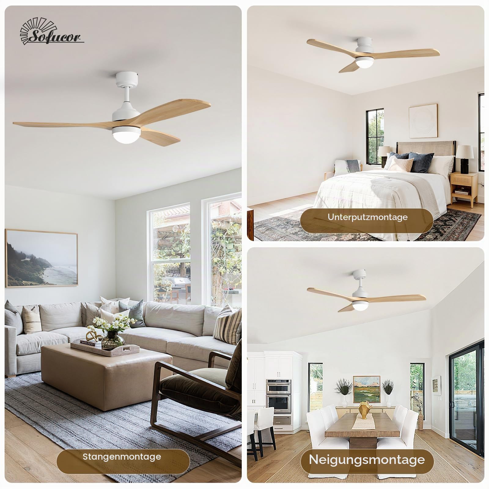 Sofucor Smart Deckenventilator mit Beleuchtung,132cm Massivholz Deckenventilator mit Licht, Alexa/APP, WiFi, Fernbedienung, DC, 3 Farbtemperatur, Timer, 6 Geschwindigkeiten für Schlafzimmer