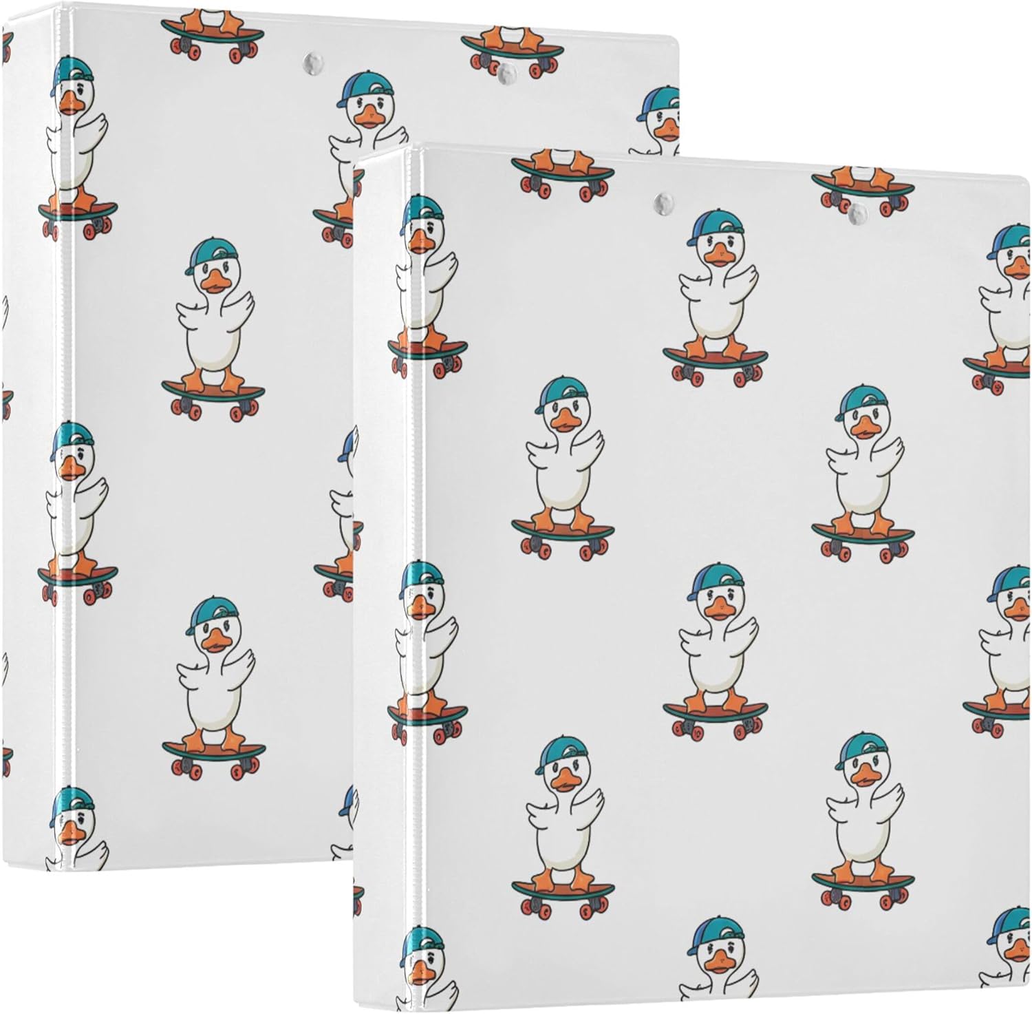 Cartoon Duck Skateboarding 3 Ring Binders, 1.5” Round Ring Binders with Clipboard - Letter Size, 3 Interior PVC Clear Pockets & Anti-Slip Clip for Office School Supplies, 2PCS