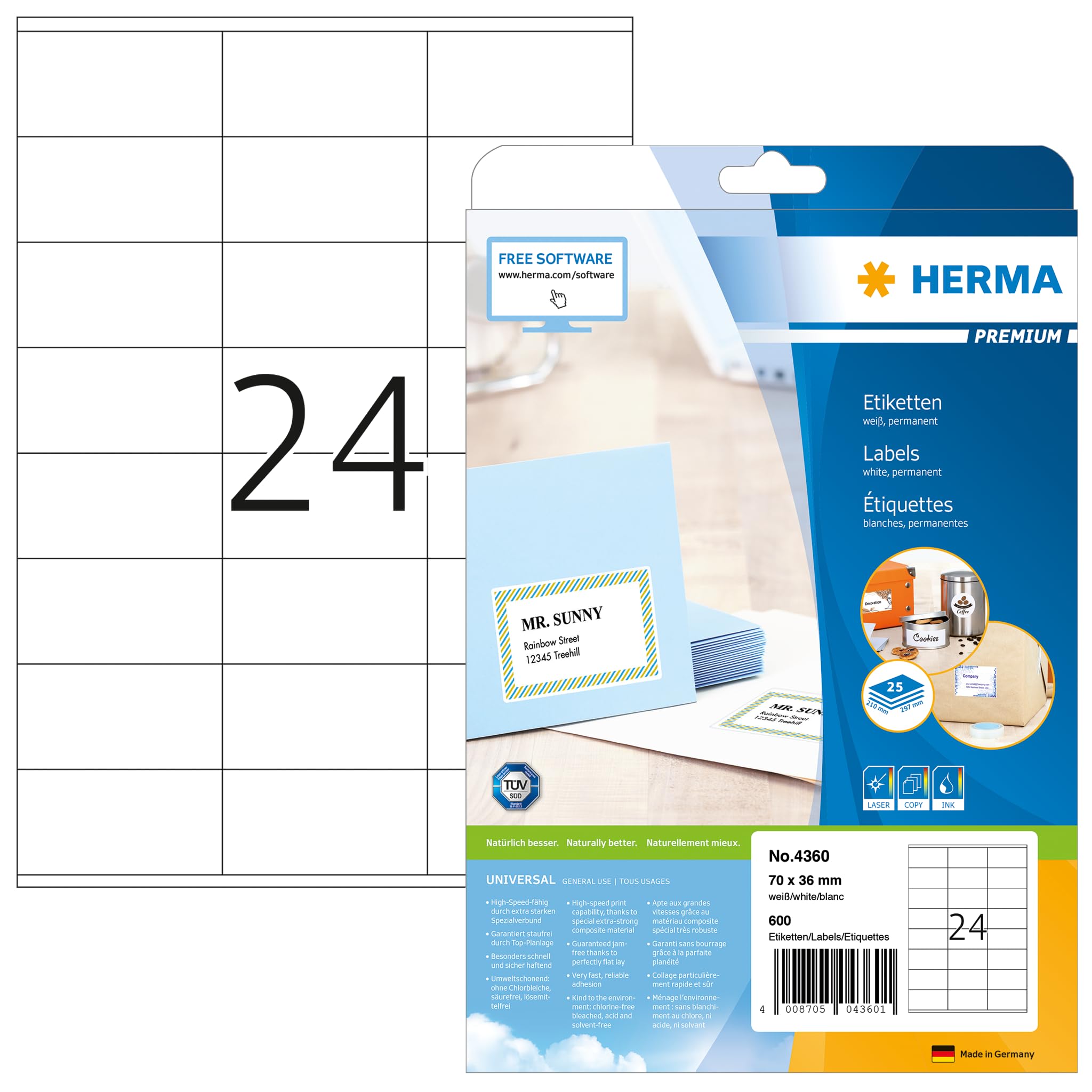 HERMA 4360 Adressetiketten, 25 Blatt, 70 x 36 mm, 24 pro A4 Bogen, 600 Stück, selbstklebend, bedruckbar, matt, blanko Papier Adressaufkleber Etiketten, weiß