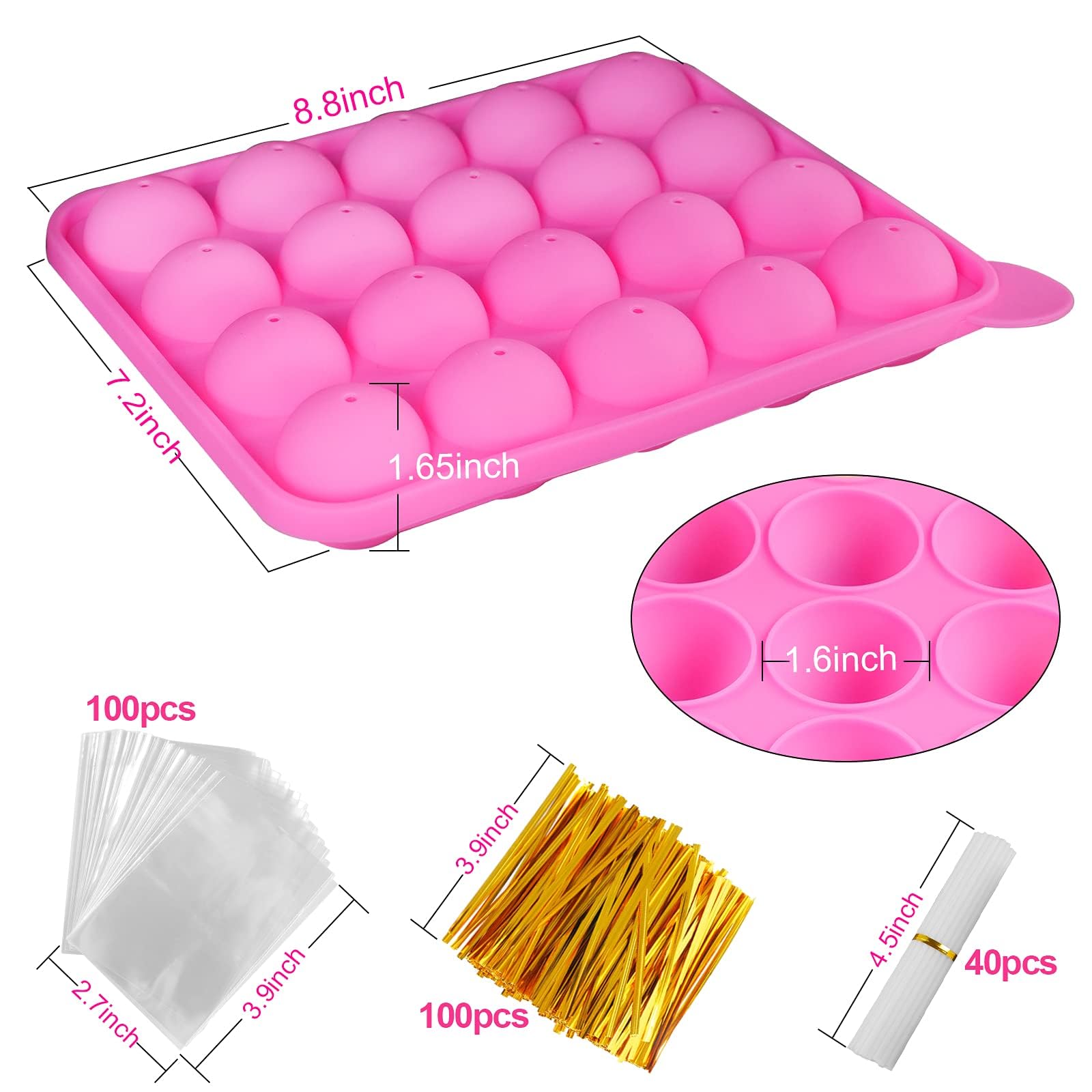 Nice Kitchen Molde de silicona para tartas con 40 cavidades, juego de 40 palitos de piruleta, 100 bolsas transparentes, 100 lazos dorados y dos juegos de moldes para hornear, fiesta