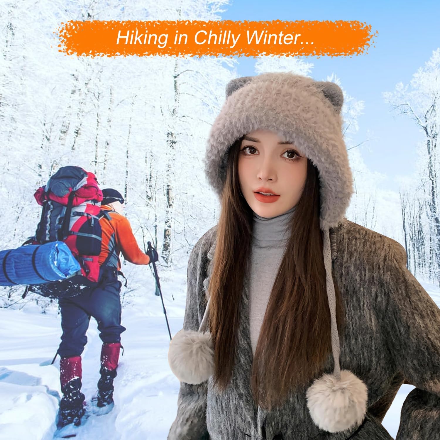 HUAMULAN Women Winter Sherpa Beanie Hats Knit Ear Flaps Peruvian Cover Ears Fleece Lined Ski Snow Hat Pompoms - Image 6