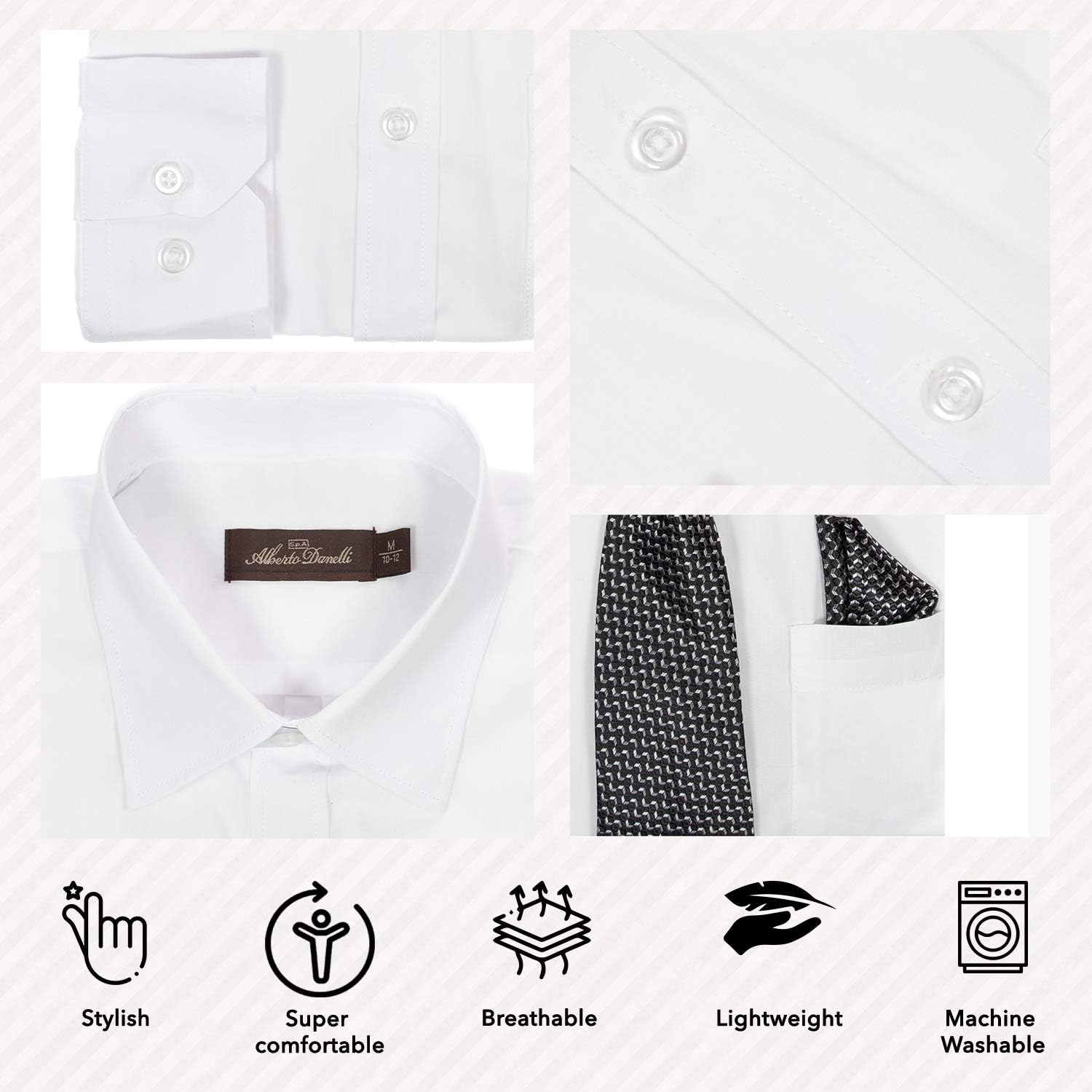Alberto Danelli Boys Dress Shirt with Matching Tie and Handkerchief, Long Sleeve Button Down, Pocket - Image 4