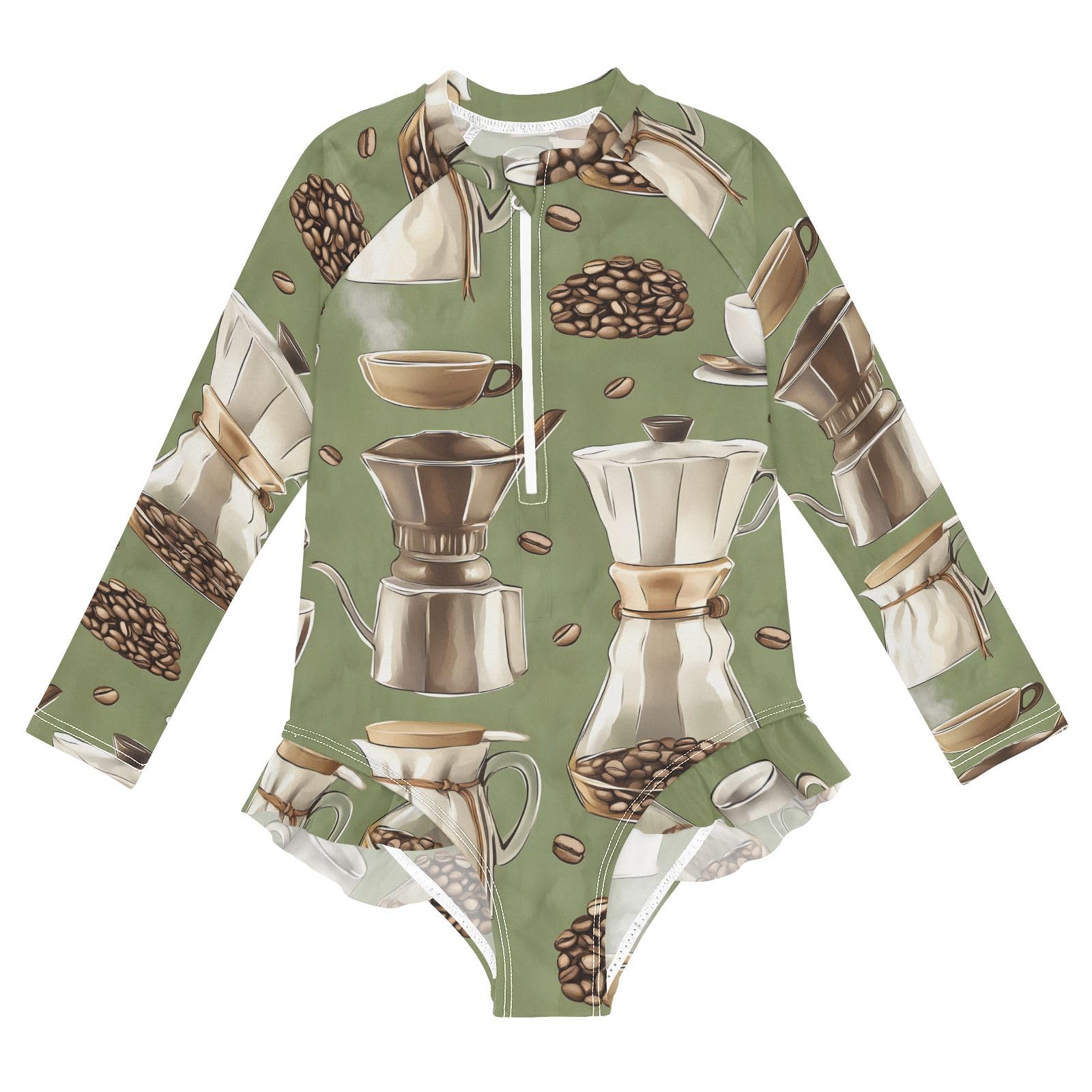 ALAZA Swimsuit for Girls Long Sleeve Rashguard Bathing Suit Coffee Time 6 Quick Dry 4T