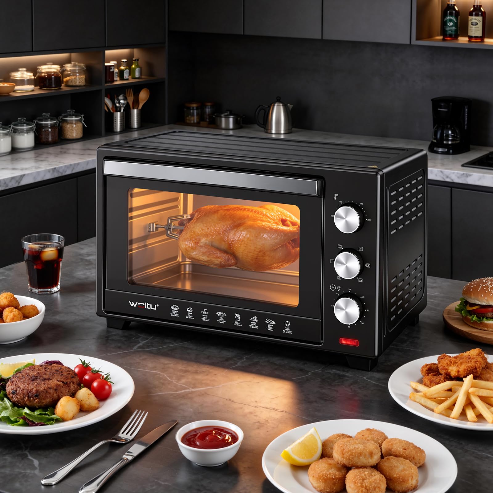 WOLTU Mini Backofen mit umluft, Pizzaofen 32 L, 1600 W, 100-230 °C, 0-60 Min. Timer, 5 Heizmodi, Doppelglastür, mit Drehspieß Backblech Grillrost Krümelblech Rostheber, Schwarz
