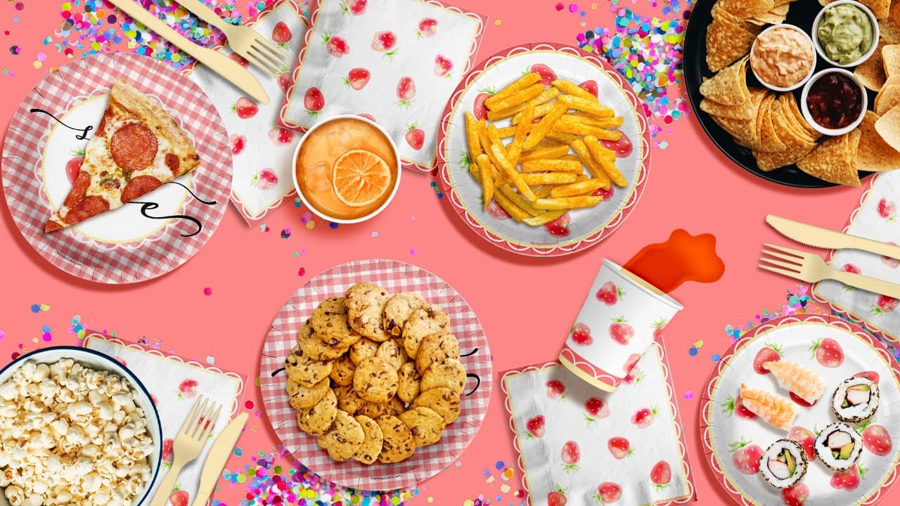 Sweet One Strawberry 1st Birthday Party Supplies - 64 Piece Baby Girls Berry First Birthday Tableware Set Includes Large 9" Dinner Plates and 8" Dessert Paper Plates Napkins Cups - Kit for 16