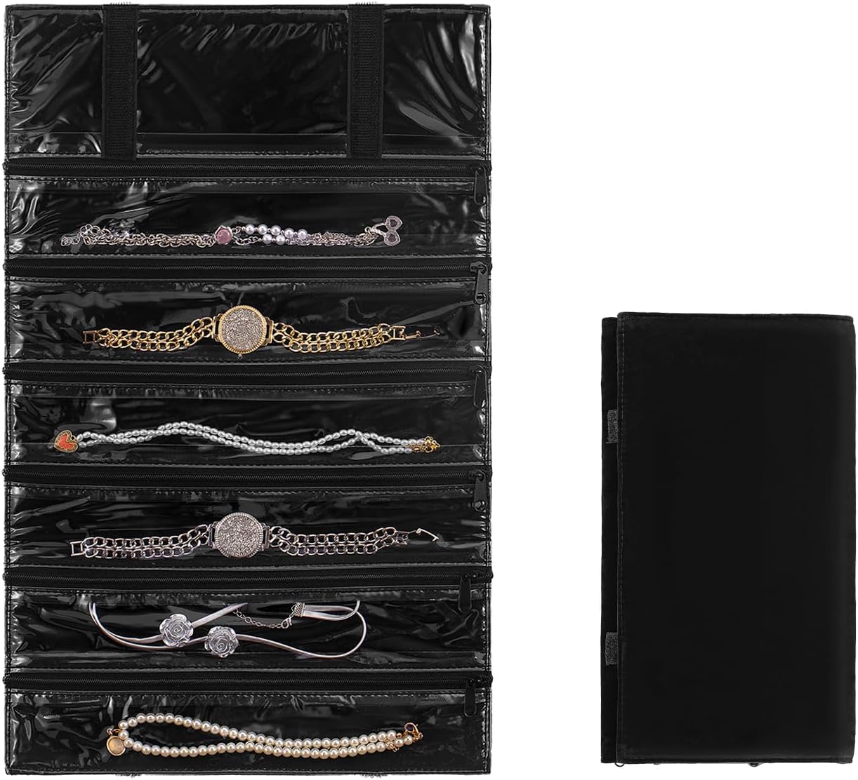 Travel Jewelry Organizer Foldable Jewelries Rolls Makeup Cosmetics Storage Bag for Earrings Rings Necklaces Bracelets with Zippered Pockets (36 Pockets)