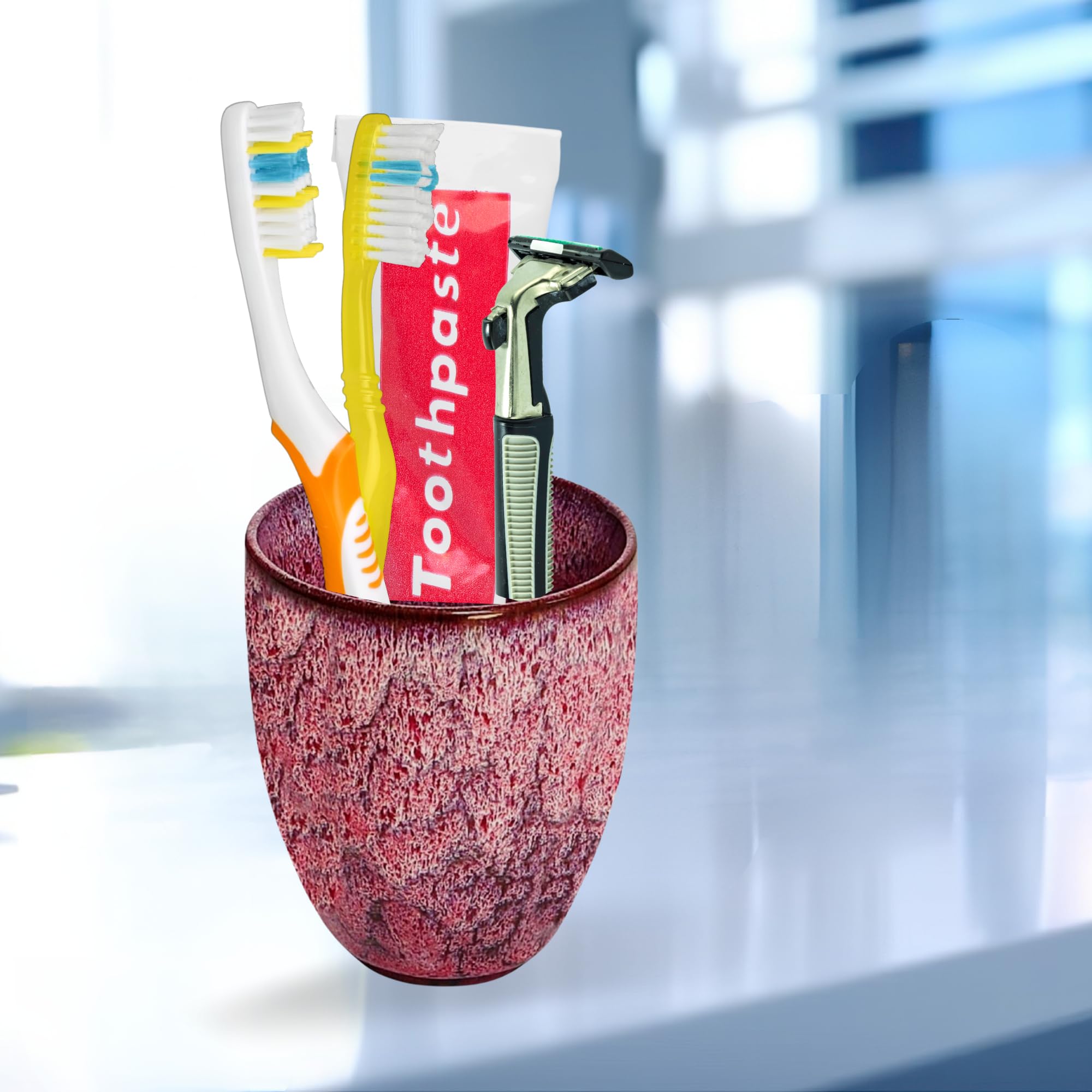 ArtOlo Stylish Tumbler - Bathroom Storage and Organization - Beautiful and Practical Countertop Organizer - Durable Ceramic Cup, Red (M)