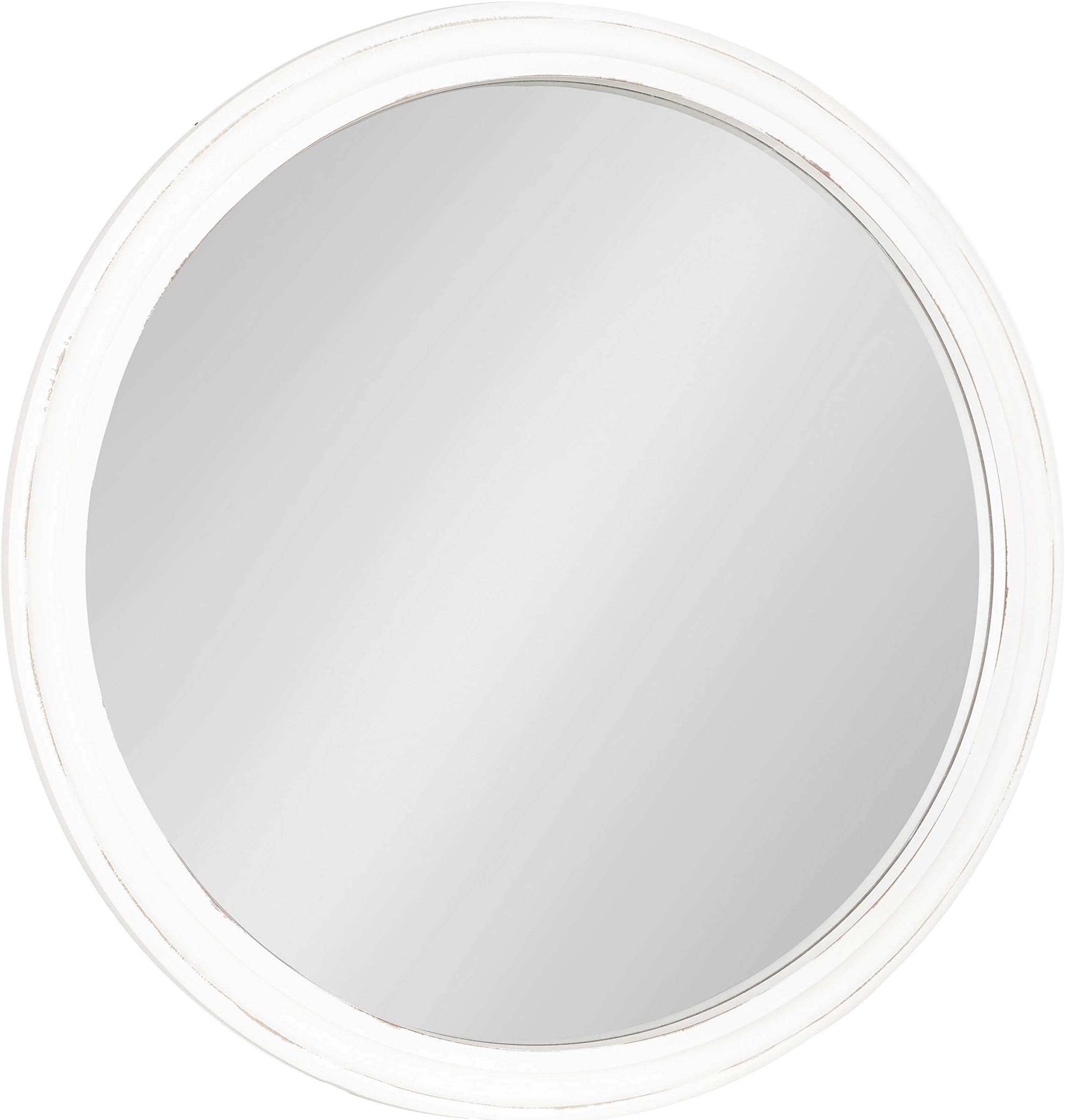 Mansell Farmhouse Wood Framed Round Wall Mirror, 28 inch Diameter, Distressed White, Decorative Modern Mirror for Wall