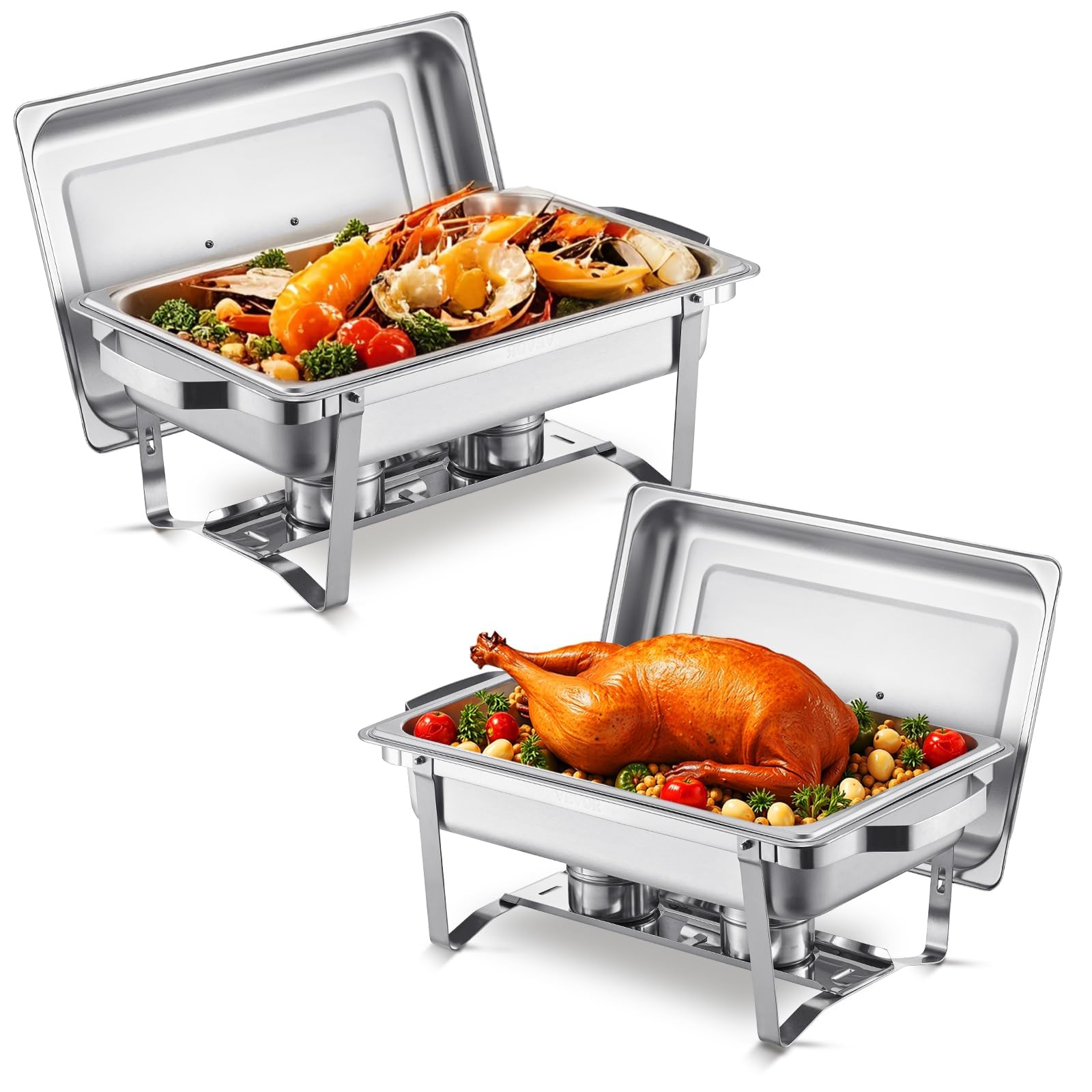 VEVOR Chafing Dish Buffet Set, 2 Pack Stainless Chafer with 2 Full Pans, Rectangle Catering Warmer Server with Lid Water Pan Folding Stand Fuel Tray Holder Clip