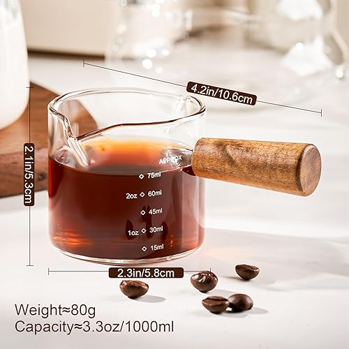 Miniatura 2 de PARACITY Juego de 2 tazas de espresso con mango de madera, tazas medidoras de vidrio de doble boquilla con doble escala, vaso de chupito de espresso