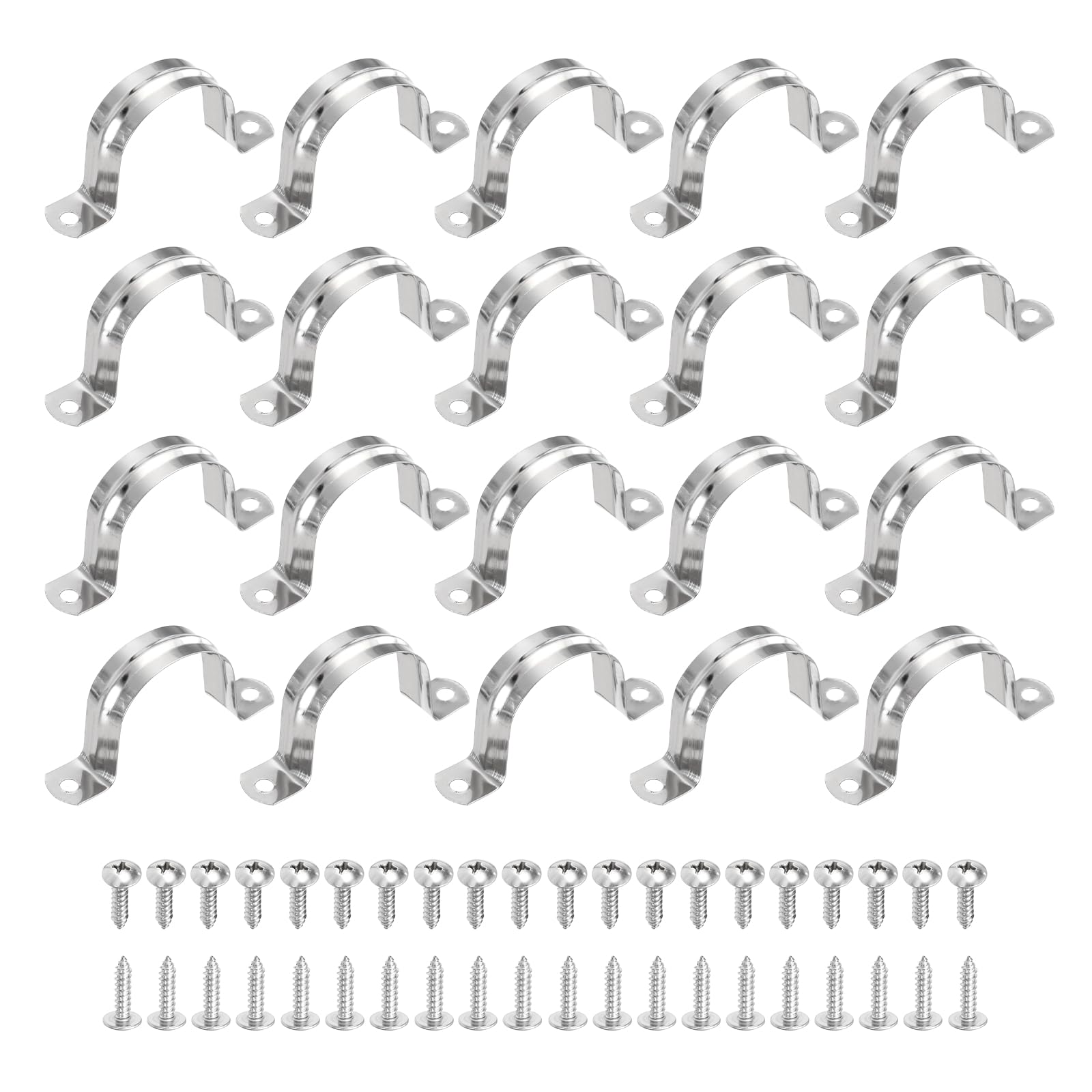 sourcing map 20Pcs 45mm(1-3/4") 304 Stainless Steel Rigid Pipe Strap, Two Hole Strap U Bracket Heavy Duty Pipe Conduit Clamp with Self-Tapping Screws for Hose Wire Cord Installation, Silver