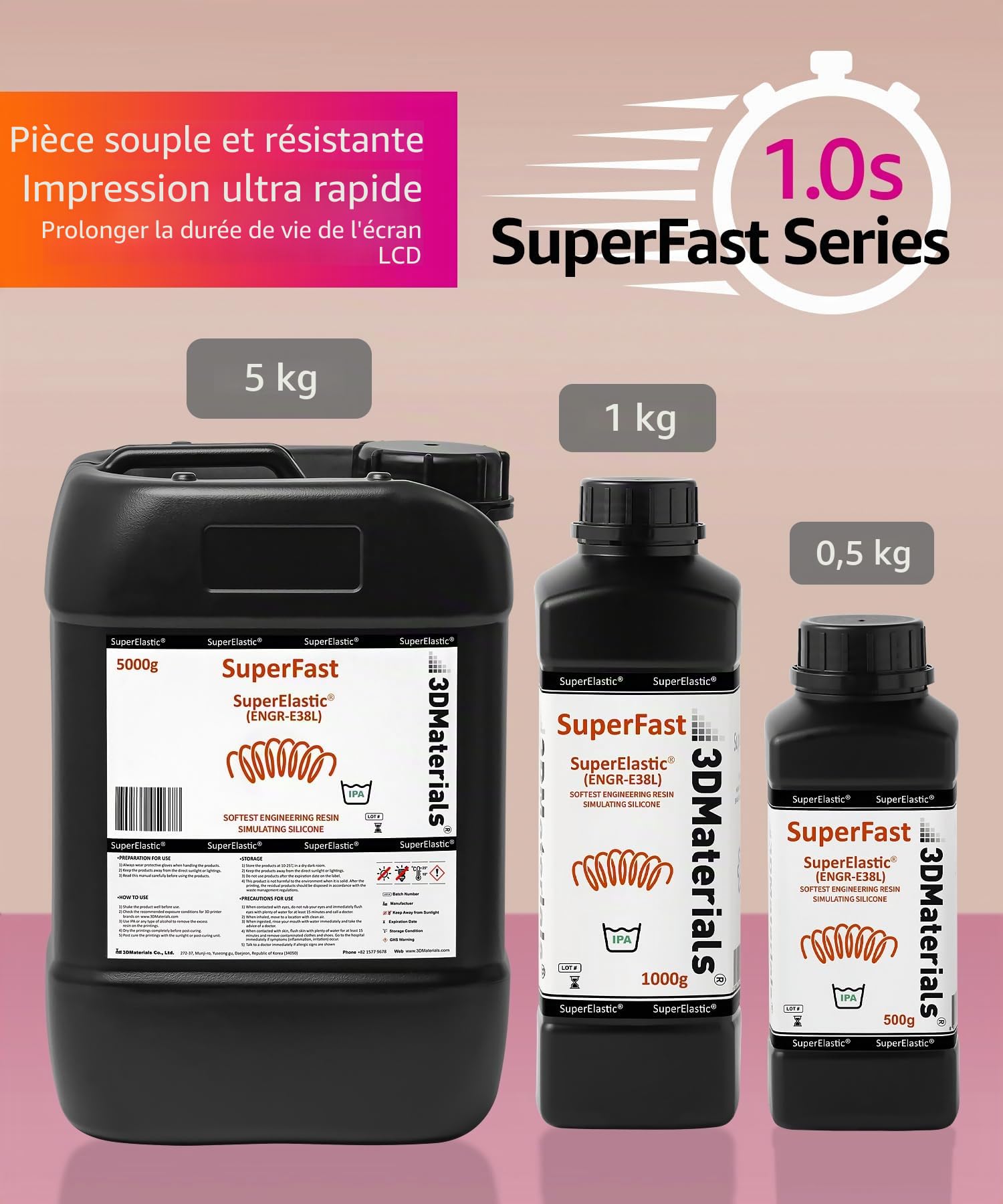 SuperElastic Résine d'imprimante 3D, Douceur 60A simulant du silicone souple, Fabriquée en Corée par 3DMaterials (500g, Transparent)