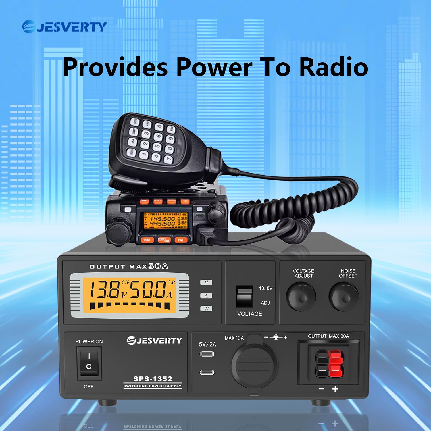 Alimentatore da banco compatto universale-Convertitore di alimentazione da CA a CC da 50A, uscita regolabile da 9 a 15 V (13,8 V fissi commutabili), connettori Anderson, USB-C Jesverty SPS-1352