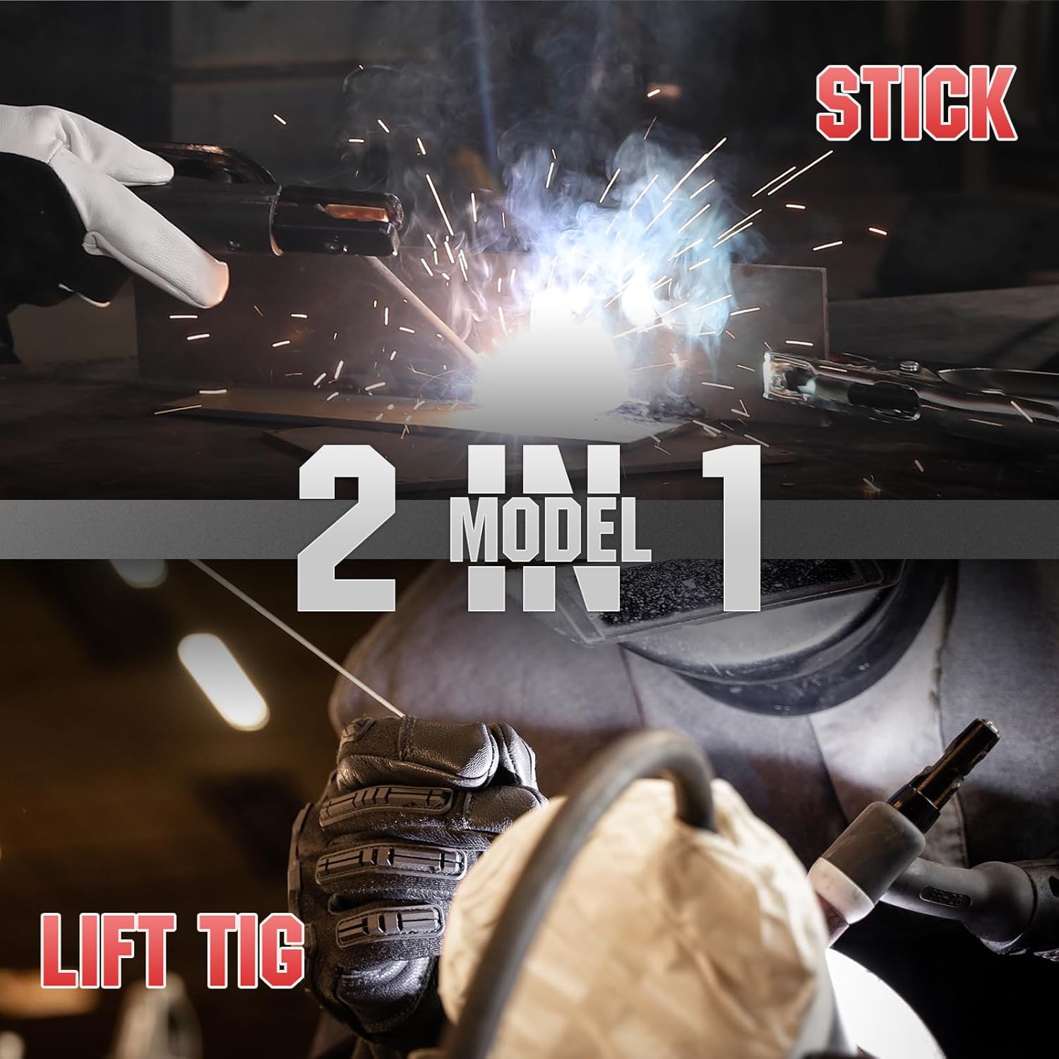 Graphic illustrating the YESWELDER 205A welder's dual functionality for Stick (MMA) and Lift TIG welding modes.