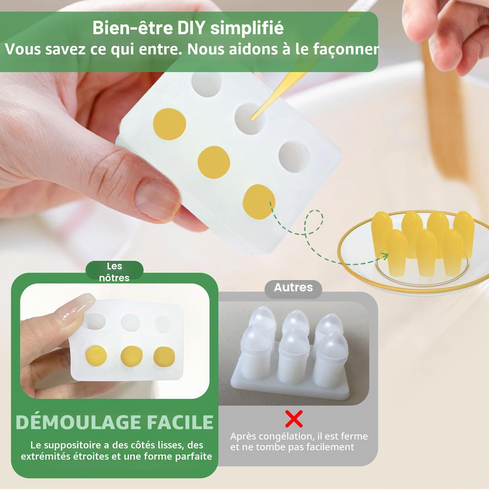 ICIMBI Kit de moules à suppositoires réutilisables, 2 ml, moules à suppositoires en silicone | Le kit comprend 4 plateaux de moules à suppositoires, 10 compte-gouttes liquides