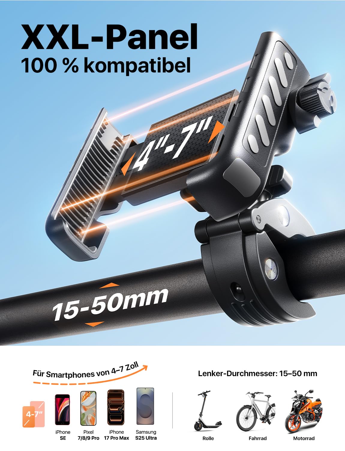 andobil Handyhalterung Fahrrad – Schockabsorbierend metallklemme Universal Handyhalterung Motorrad 360° Handyhalter Fahrrad für iPhone 16/15/14 Pro Max Samsung S25