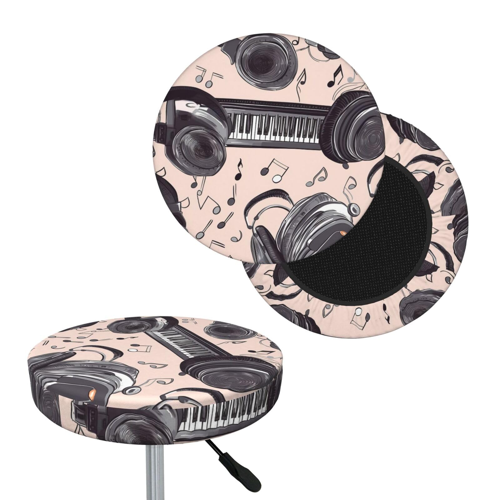 NONHAI Headphones and Piano Bar Stool Cover Round Elastic Stool Cushion Covers Dustproof Bar Chair Cover Washable Stool Cushion Slipcover Stretch Stool Seat Covers for 12-14 Inch Chair