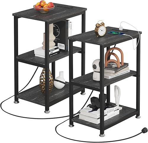 Miniatura 25 de VECELO Mesa auxiliar de extremo alto, mesita de noche de 30 pulgadas de altura con estante de almacenamiento de 3 niveles para sala de estar, Gris