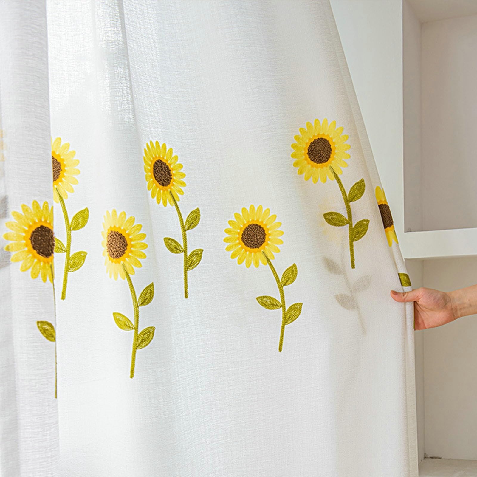 Epinki Voilage Tournesol Blanc en Polyester 107 x 132 cm Rideau pour Chambre à Oeillets, 2 Panneaux