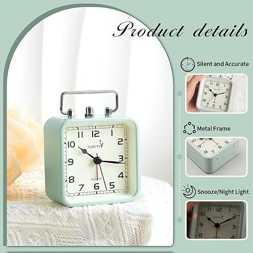 Miniatura 2 de Reloj despertador cuadrado de metal, silencioso, sin tictac, funciona con pilas, luz nocturna y reloj de escritorio para dormitorio, viajes, niños,