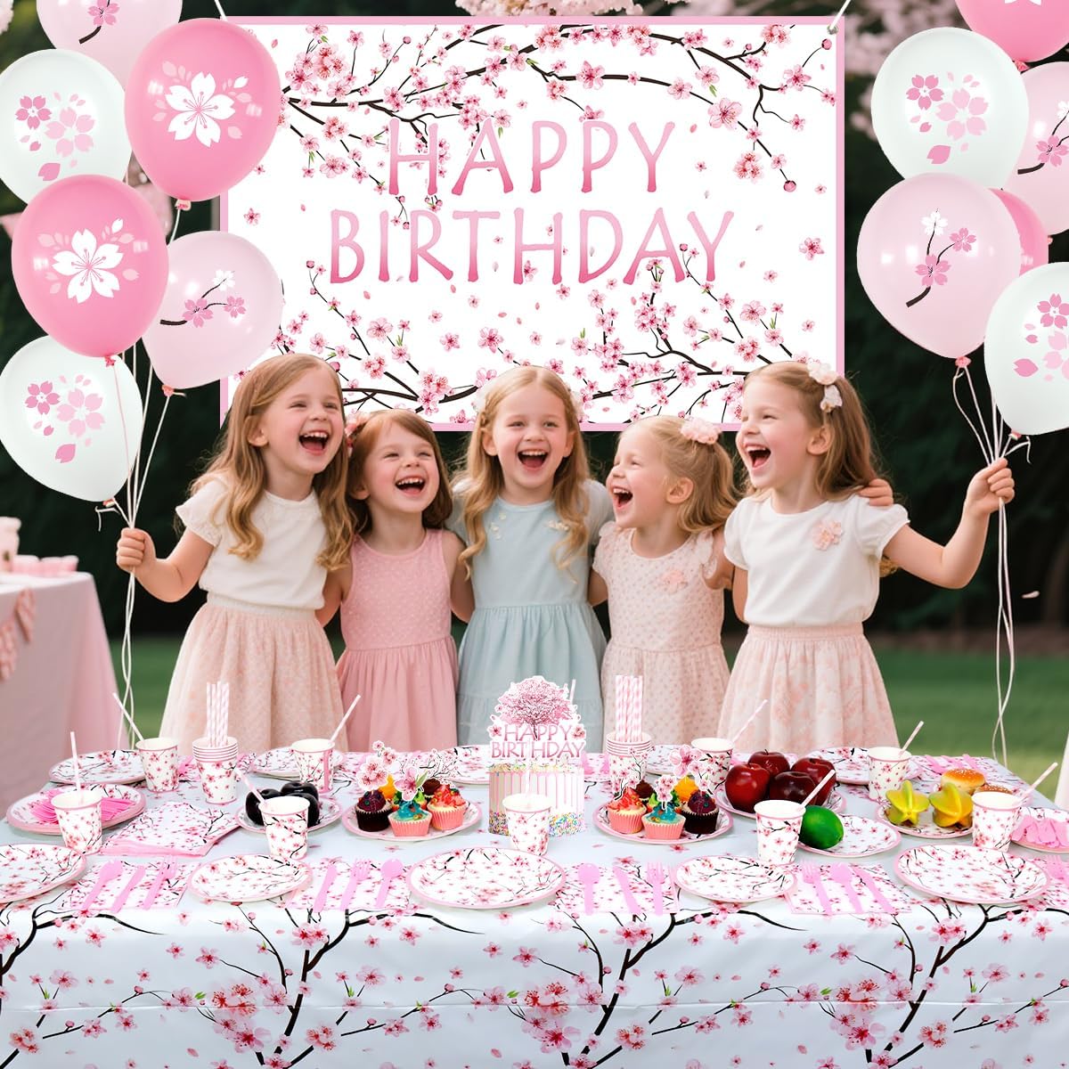 193 PCS Cherry Blossom Party Supplies Includes Plates, Napkins, Cups, Tablecloth, Backdrop, Balloons, Cake Topper, Tableware for Japanese Party Decorations, Spring Theme, Baby Shower Birthday Party