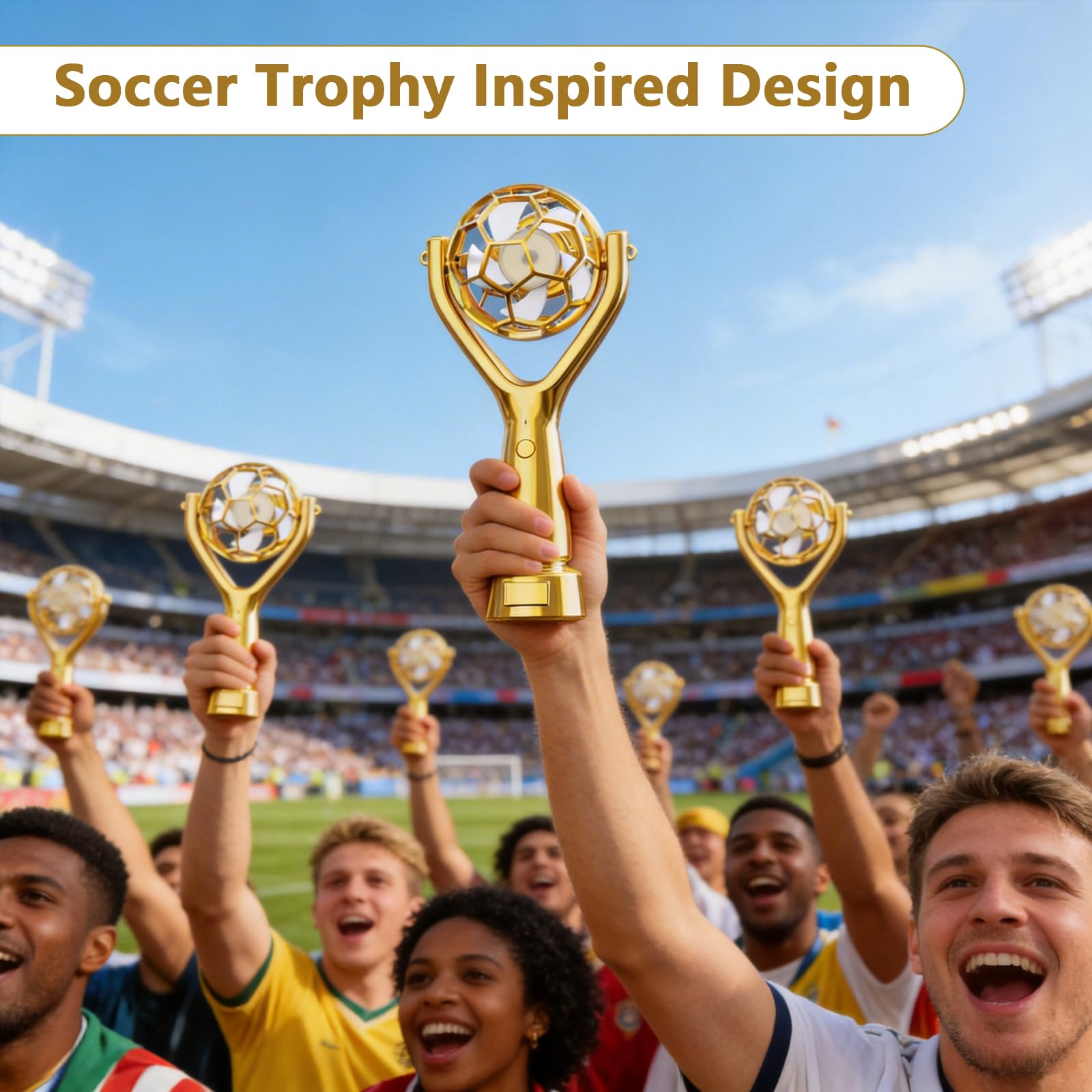Soccer Trophy Shaped Handheld Fan, Soccer Gifts for Sports Enthusiasts, Kids, Boys and Girls, Portable USB Rechargeable Mini Fan for Stadium, Game Day, 2026 World Football Event, Outdoor, Gold - 2