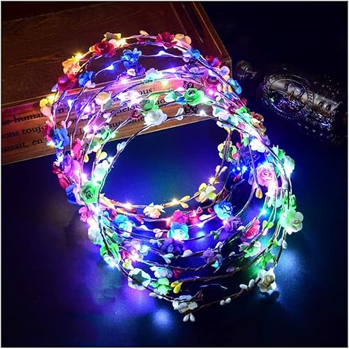 Aumiss - Corona de flores LED diadema luminosa 7 unidades tocado de flores LED para niñas mujeres boda festival vacaciones Navidad Año Nuevo fiesta
