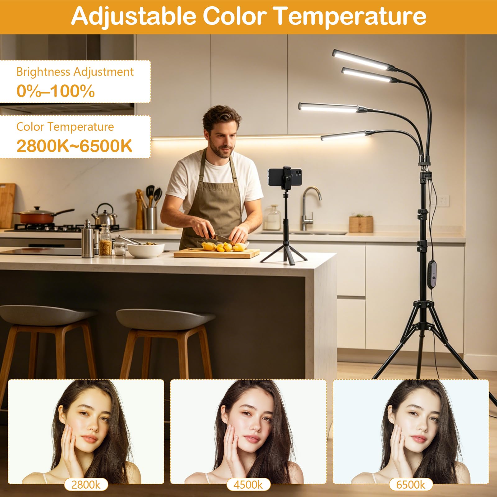 Lampada Video Dimmerabile LED, Quattro Bracci Lampada Estetista con Treppiede e Supporto per Telefono per Luce Truccatore, Lampada per Ciglia, Live Bellezza, Tatuaggio, Riprese Studio