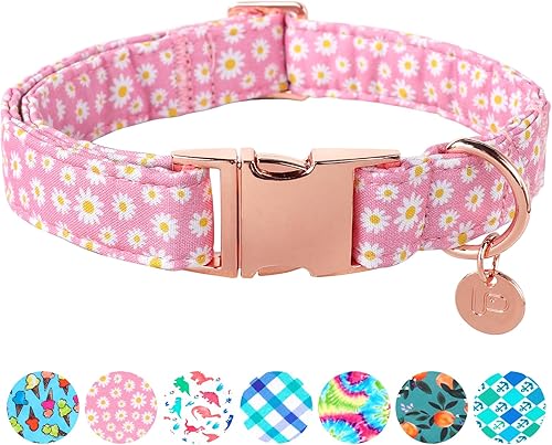 UP URARA PUP Daisy - Collar de algodón para perro con hebilla de metal, regalo rosa para niñas o niños pequeños, medianos y grandes, lindos collares