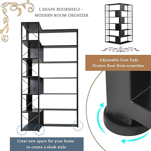 Miniatura 7 de Estantería alta en forma de L de 7 niveles con almacenamiento abierto estante industrial Etagere independiente marco de metal negro