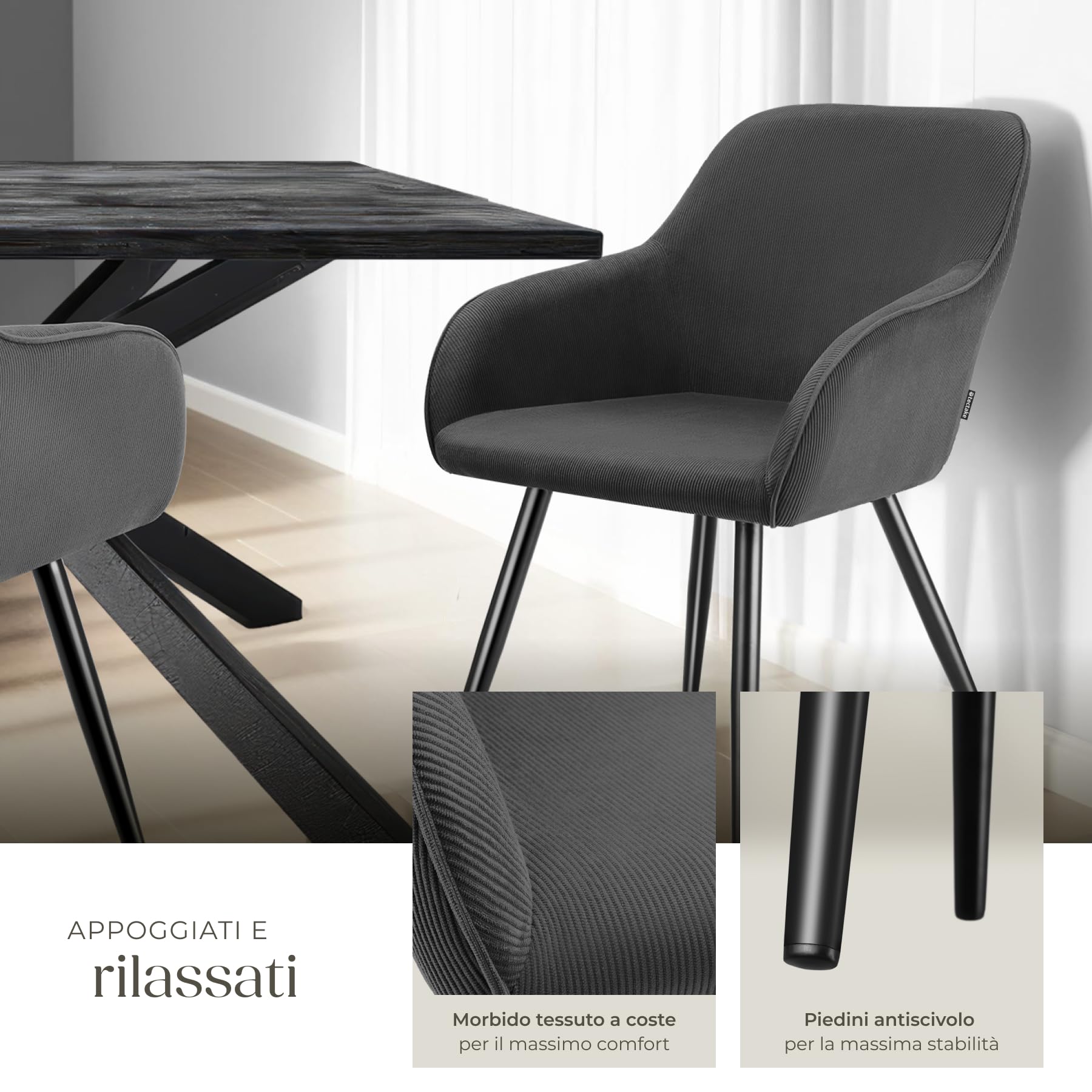 tectake® Sedia Velluto a Coste con Braccioli, Sedia Sala da Pranzo con Gambe in Acciaio, Comoda Poltrona Salotto con Imbottitura Schiuma ad Alta Densità, Poltrona Antiscivolo - Antracite/Nero
