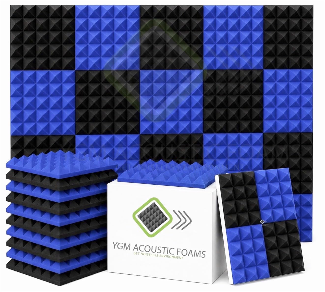 YGM Acoustic Foams® Pyramid Acoustic Panels 1 Foot×1 Foot×2inch Thick, 50 Density Acoustical Sound Proof Foam for Room, Studio, Echo Reduction & Noise Absorption (Black & Blue, Set of 12)-image-18