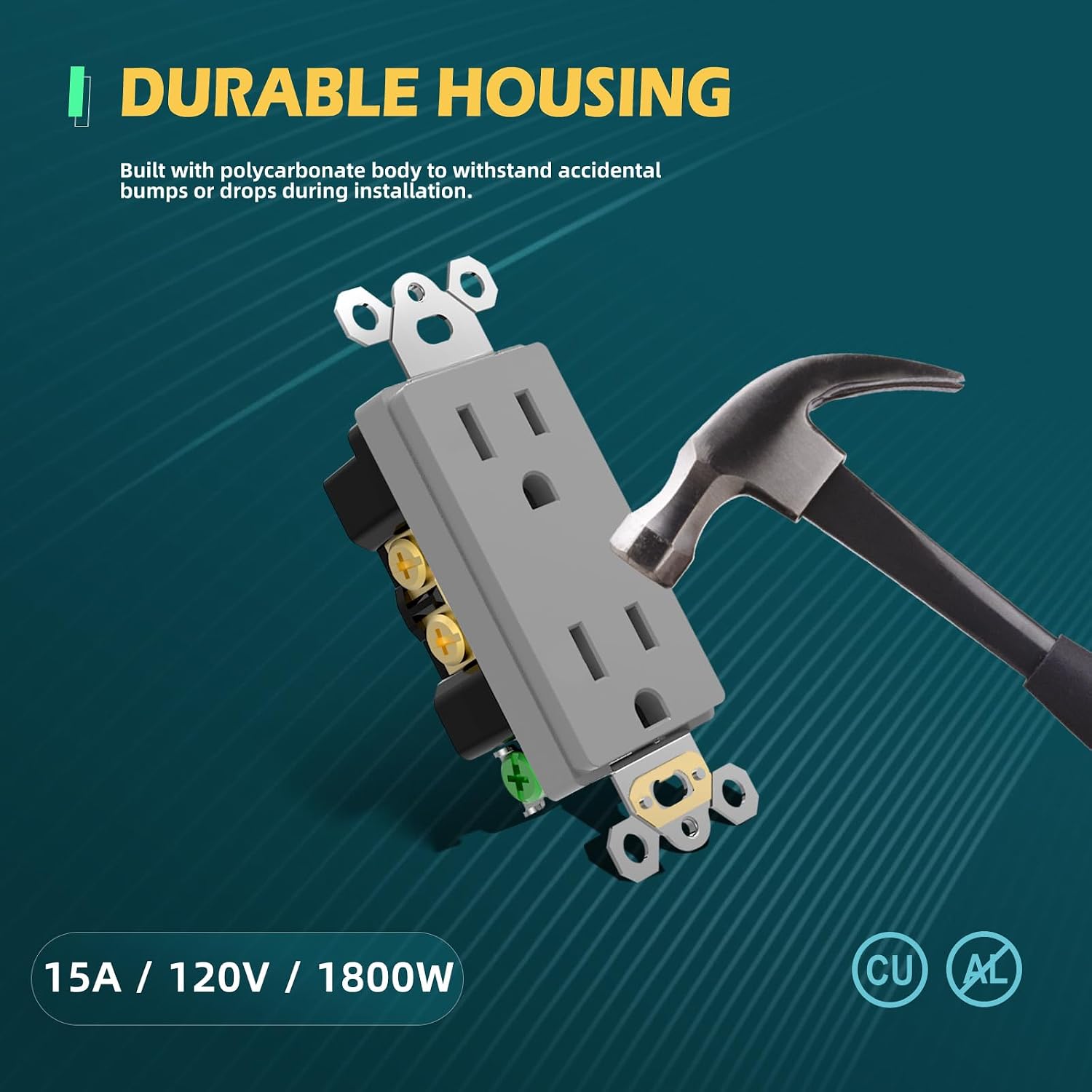 TOPELER 15 Amp Decorator Wall Receptacle Outlet, Non-Tamper Resistant Decor Standard Electrical Outlets, 15A 125V, 2 Pole 3 Wire, NEMA 5-15R, Self-Grounding Residential Grade, UL, Gray, 10 Pack image 3