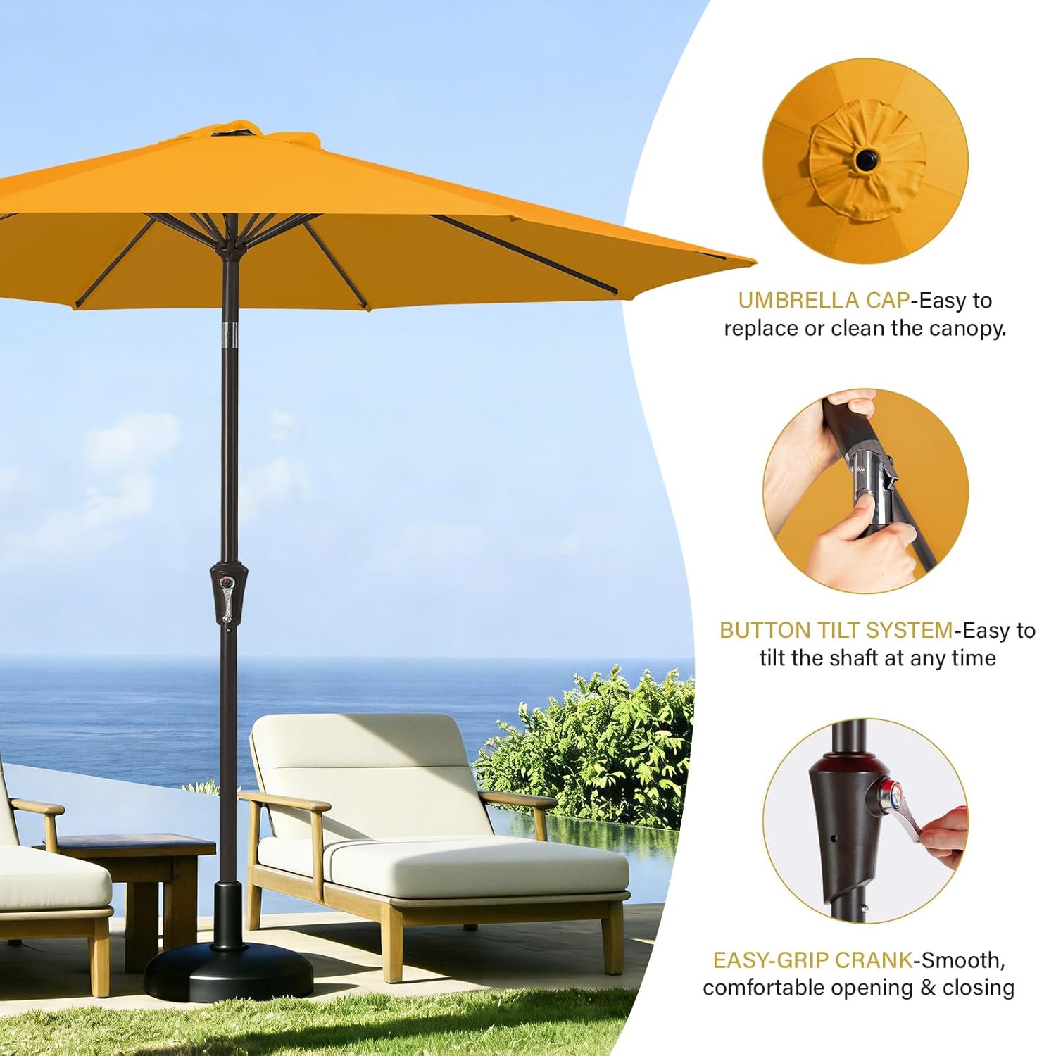 meway 9ft patio umbrella outdoor table umbrellas with push button tilt and crank, market umbrella 8 sturdy ribs for deck, garden, pool and backyard, sun orange
