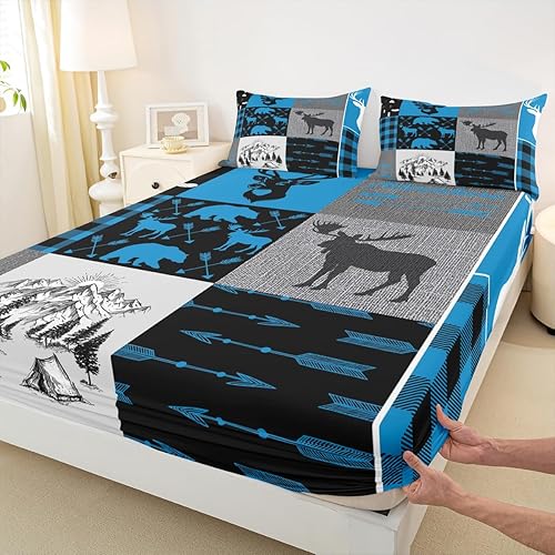 Miniatura 41 de Sábana bajera ajustable de oso de caza, juego de ropa de cama a cuadros de búfalo, sábanas de retazos de cabaña rústica para niños, niños, Multi