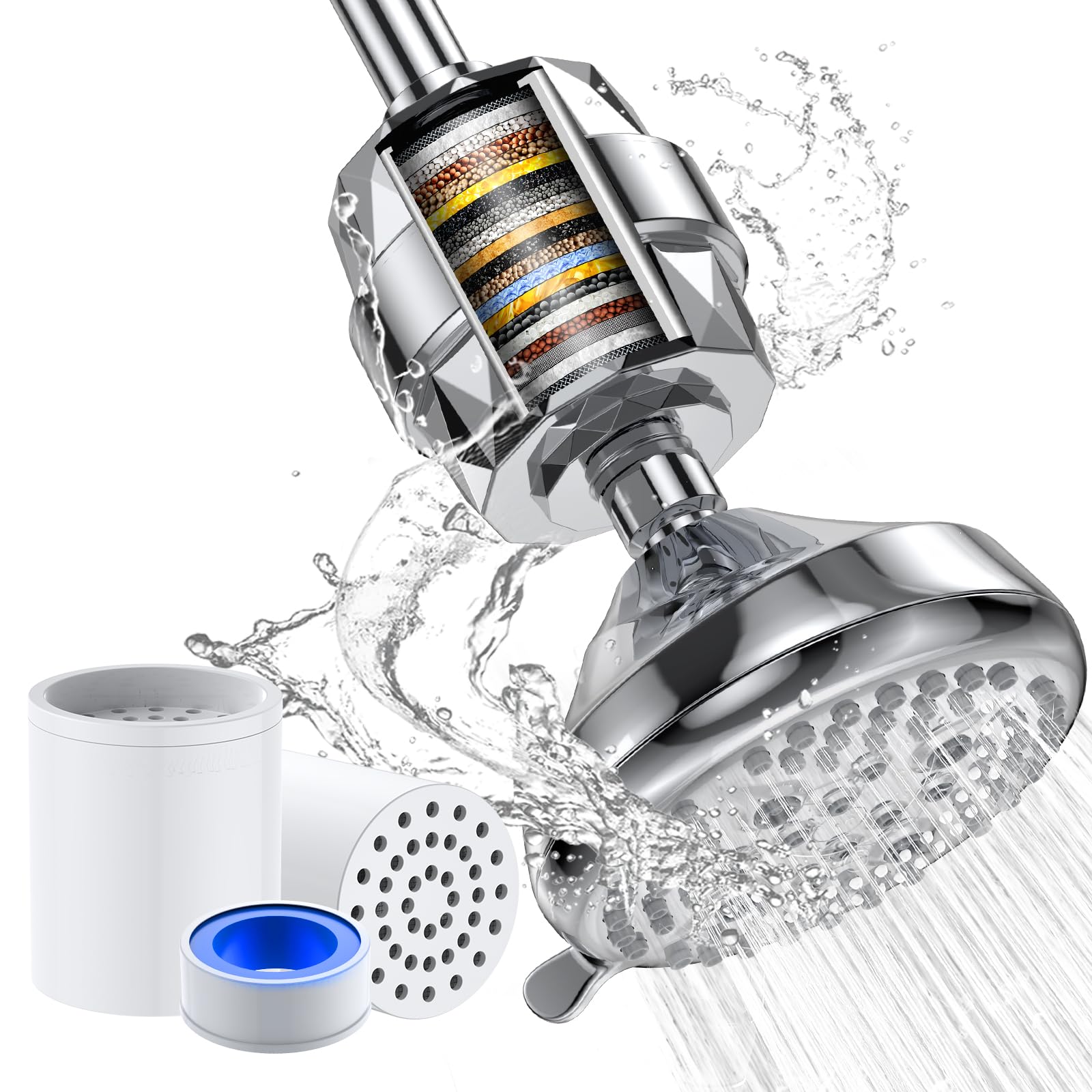 Shower Head and 20 Stage Shower Filter, High Pressure 5 Spray Settings Filtered Showerhead with 3 Replaceable Filter Cartridges for Removing Chlorine Fluoride, Polished Chrome