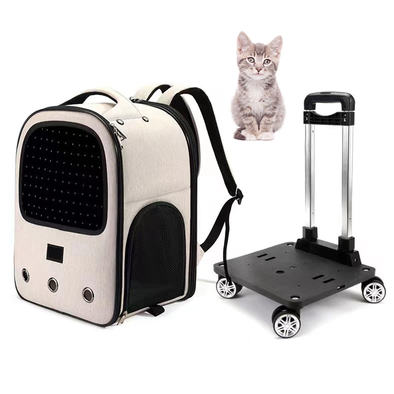 Sac À Dos pour Animaux De Compagnie, Sac De Transport À roulettes pour Animaux De Compagnie,Sac À Dos Roulant pour Chat avec Fenêtres D'aération en Maille,Sac À Dos Poussette,Beige