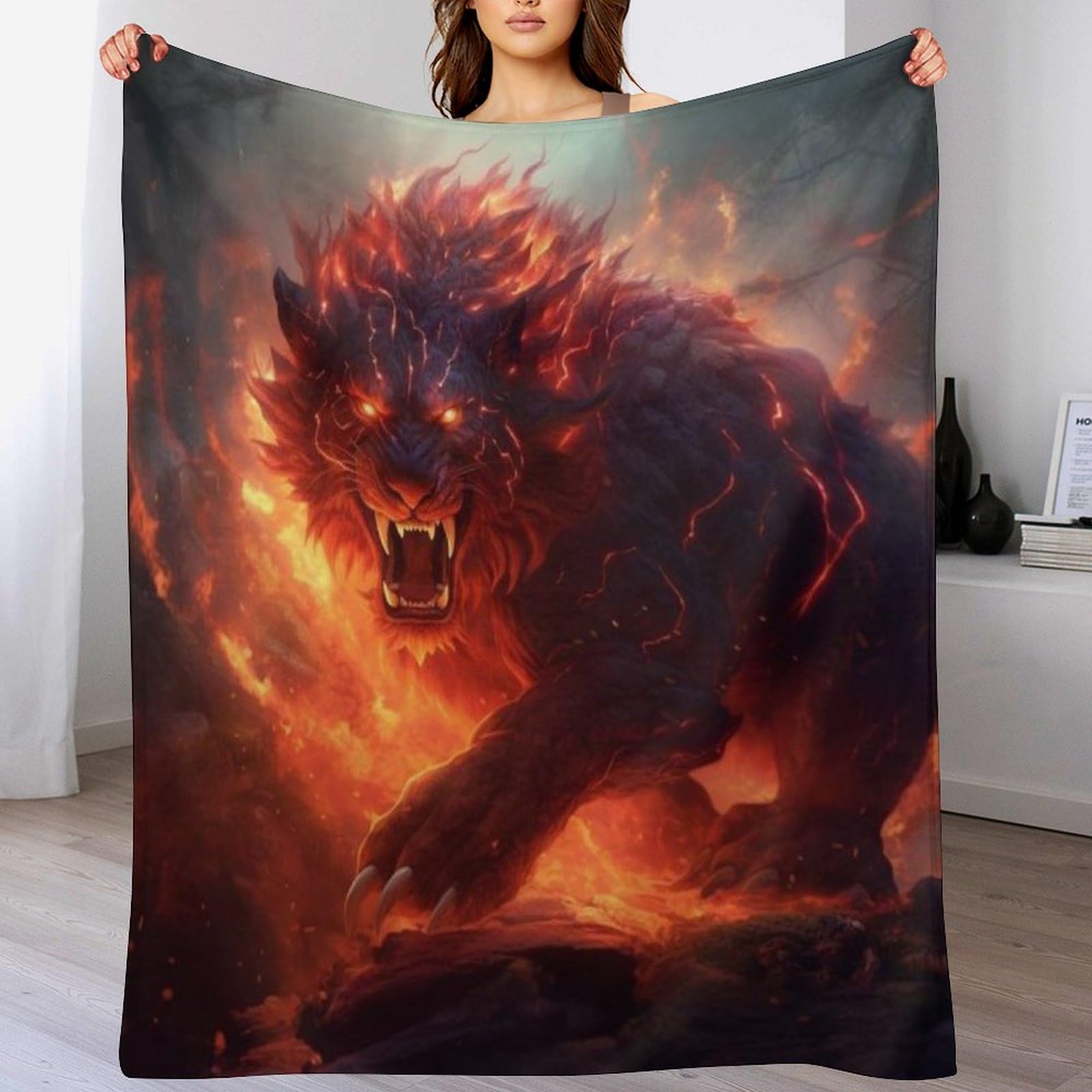 Couverture 3D Flaming Lion : plaid chaud en flanelle douce et moelleuse lavable en machine