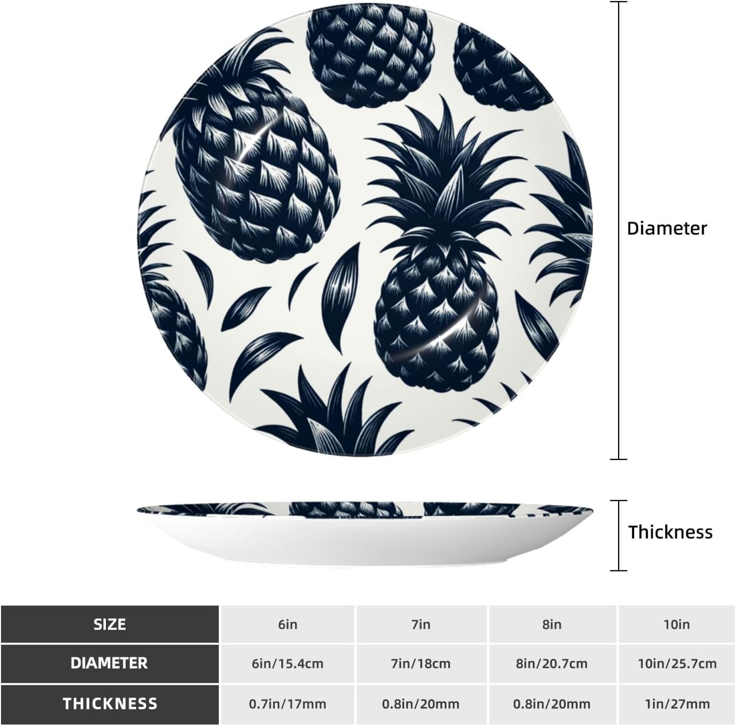 Black-White-Pineapple 10 Inch Decorative Plate With Stand, Elegant Display Wall Plate For Home Decor